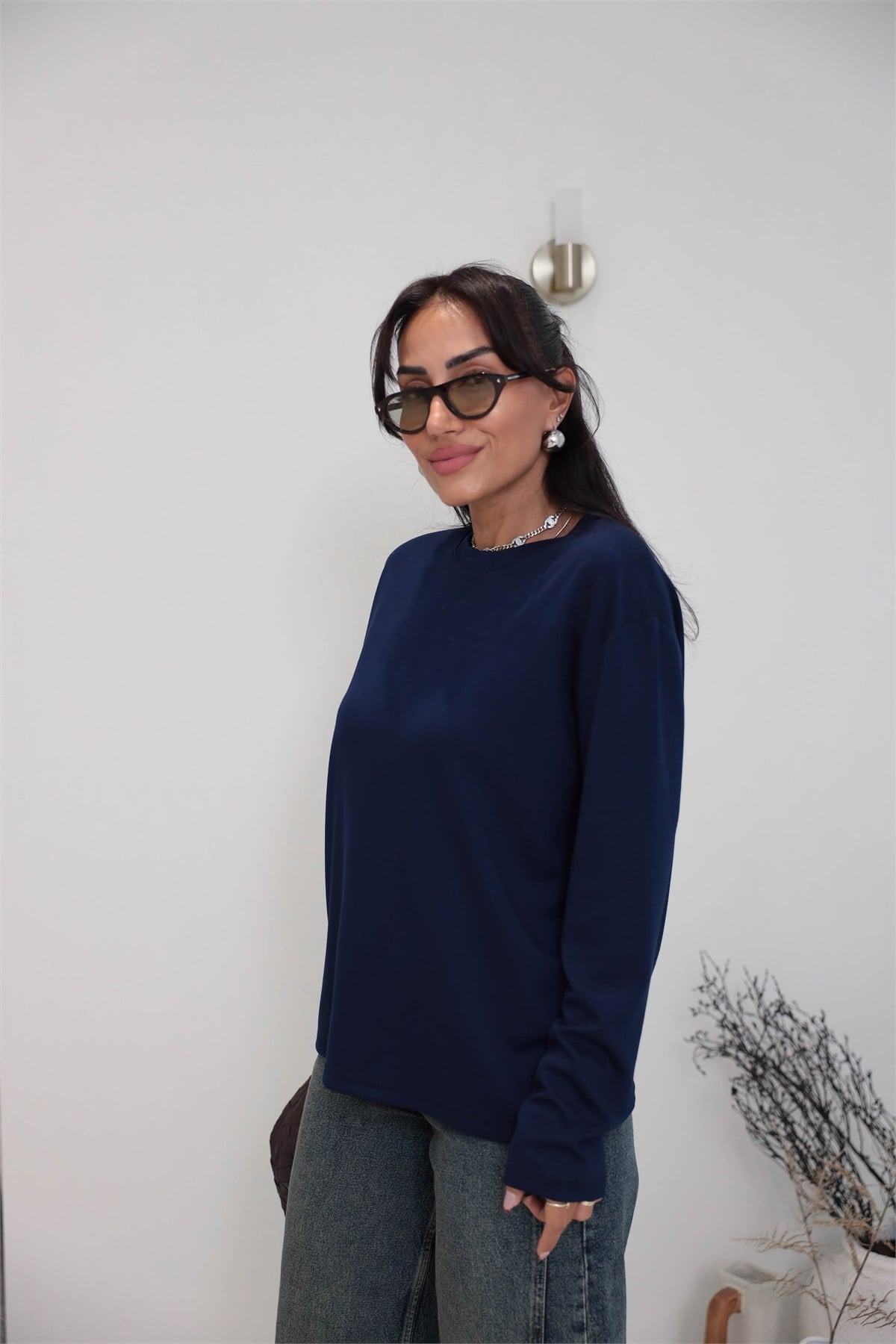 1448 Bisiklet Yaka uzun Kollu Oversize Tshirt LACİVERT