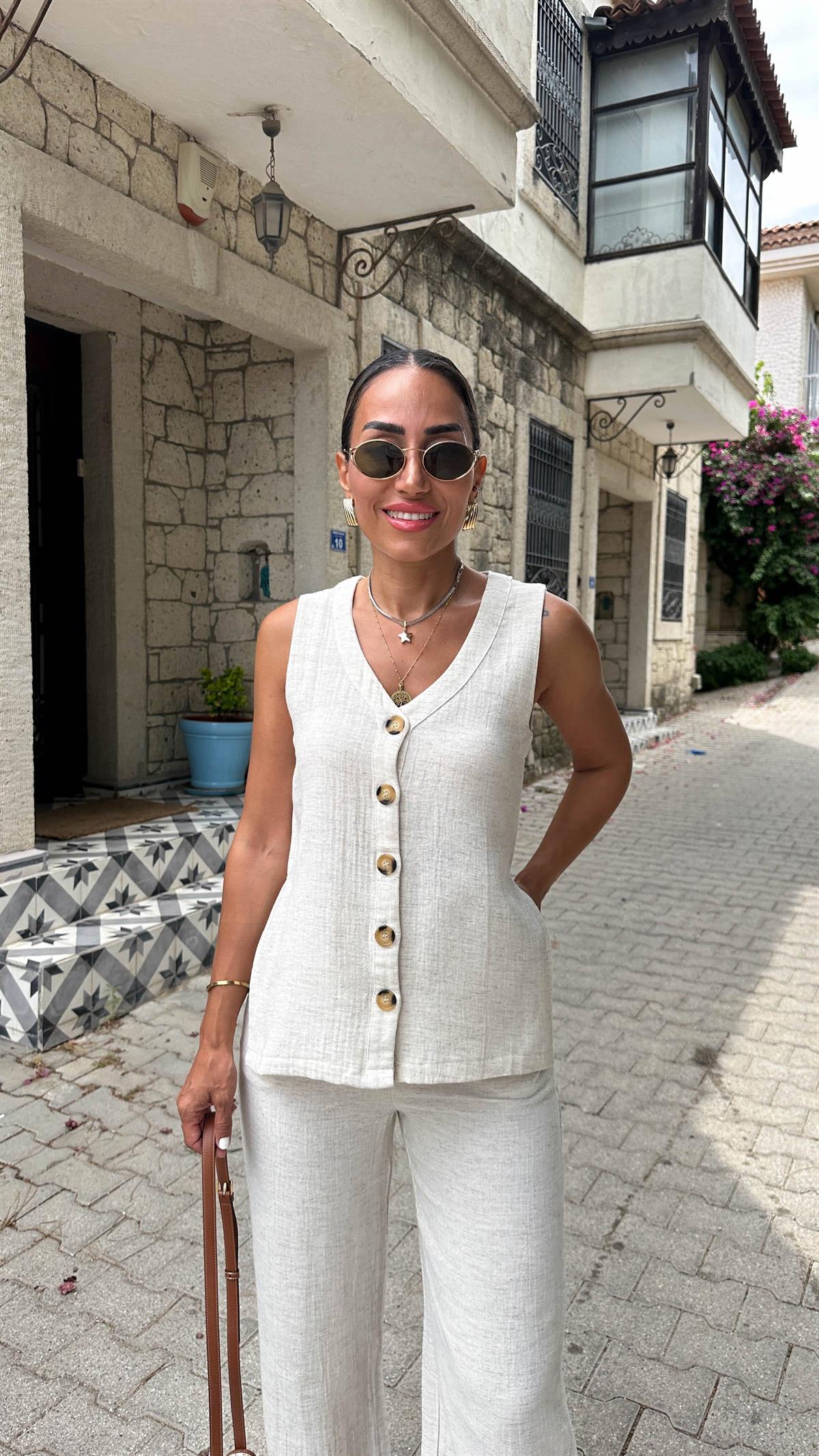 6335 Keten Önü Düğmeli Yelek