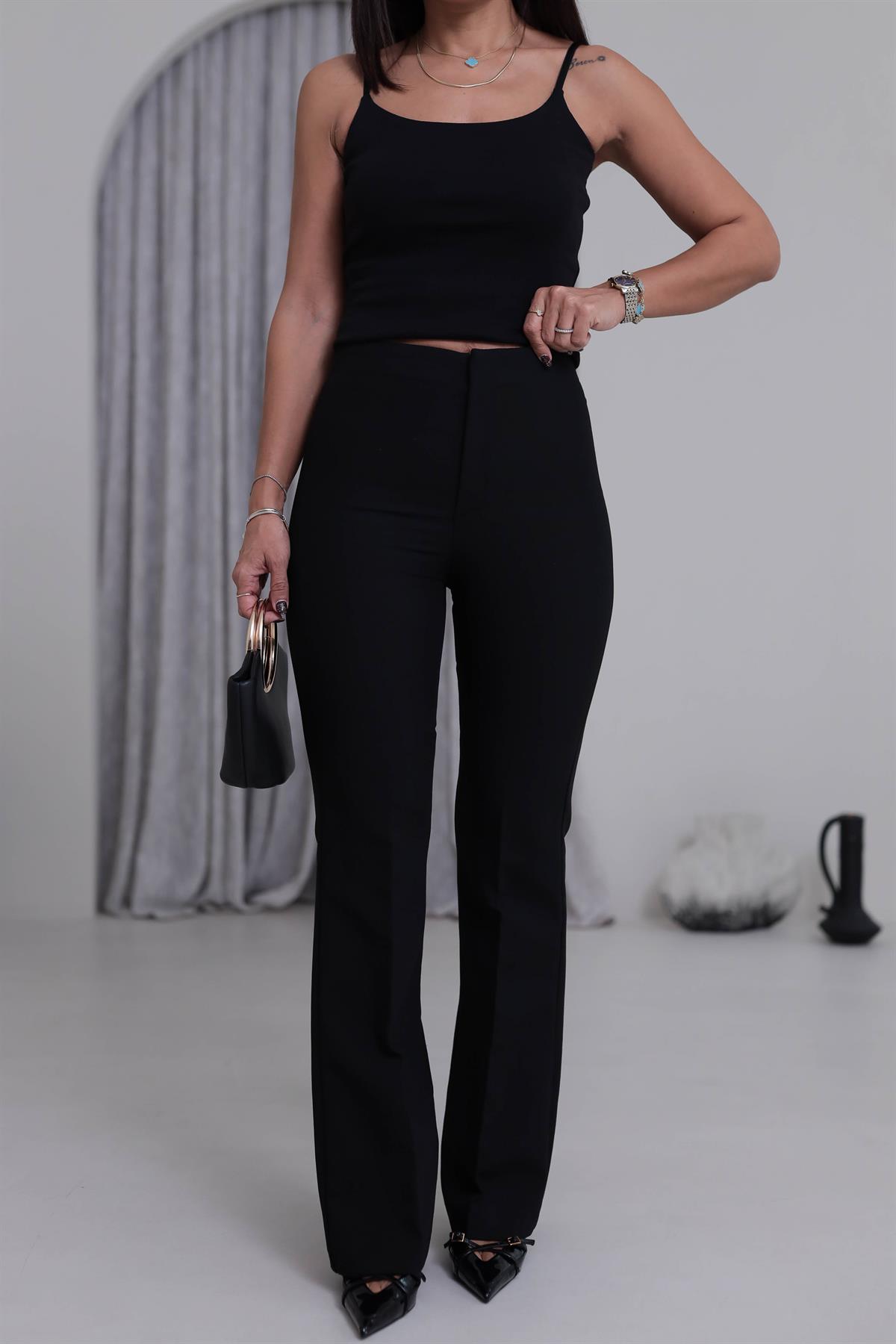 7049 İspanyol Paça Kumaş Pantolon SİYAH