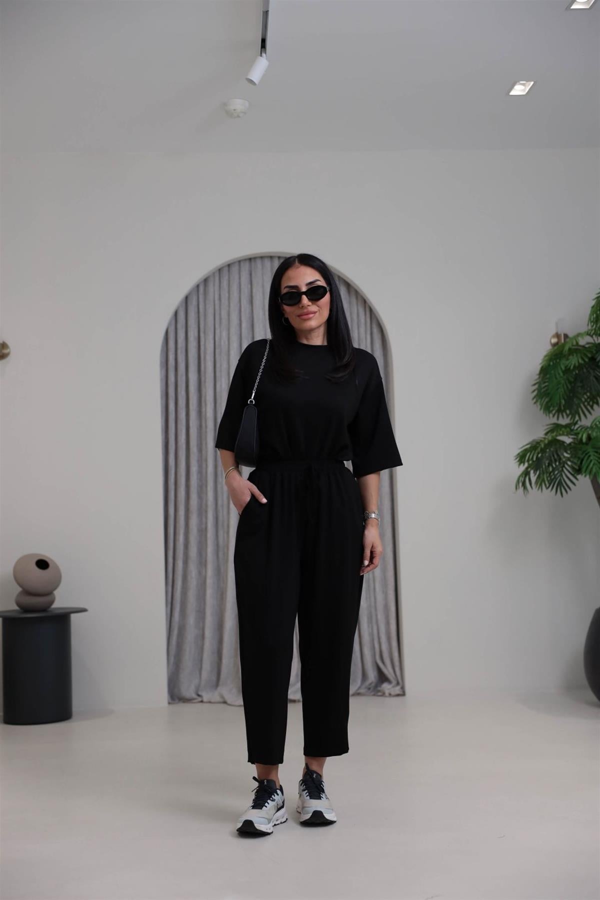 2485 Yanları Yırtmaçlı Kısa Kol Modal Takım SİYAH