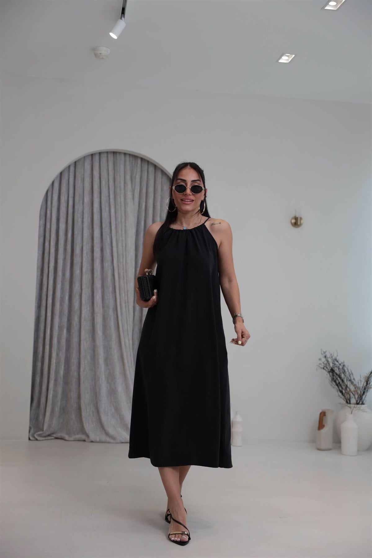 1106C İpli Halter Yaka Cepli Tencel Elbise SİYAH