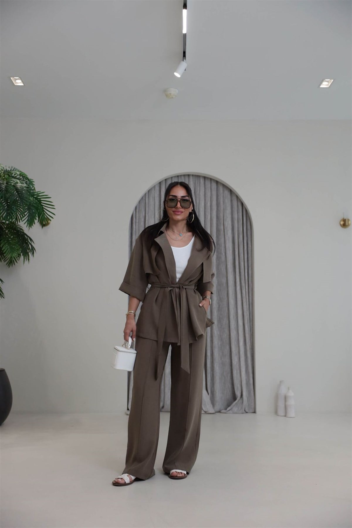 7309 Tencel Kumaş Yarım Kol Gömlek Pantolon Takım HAKİ YEŞİL