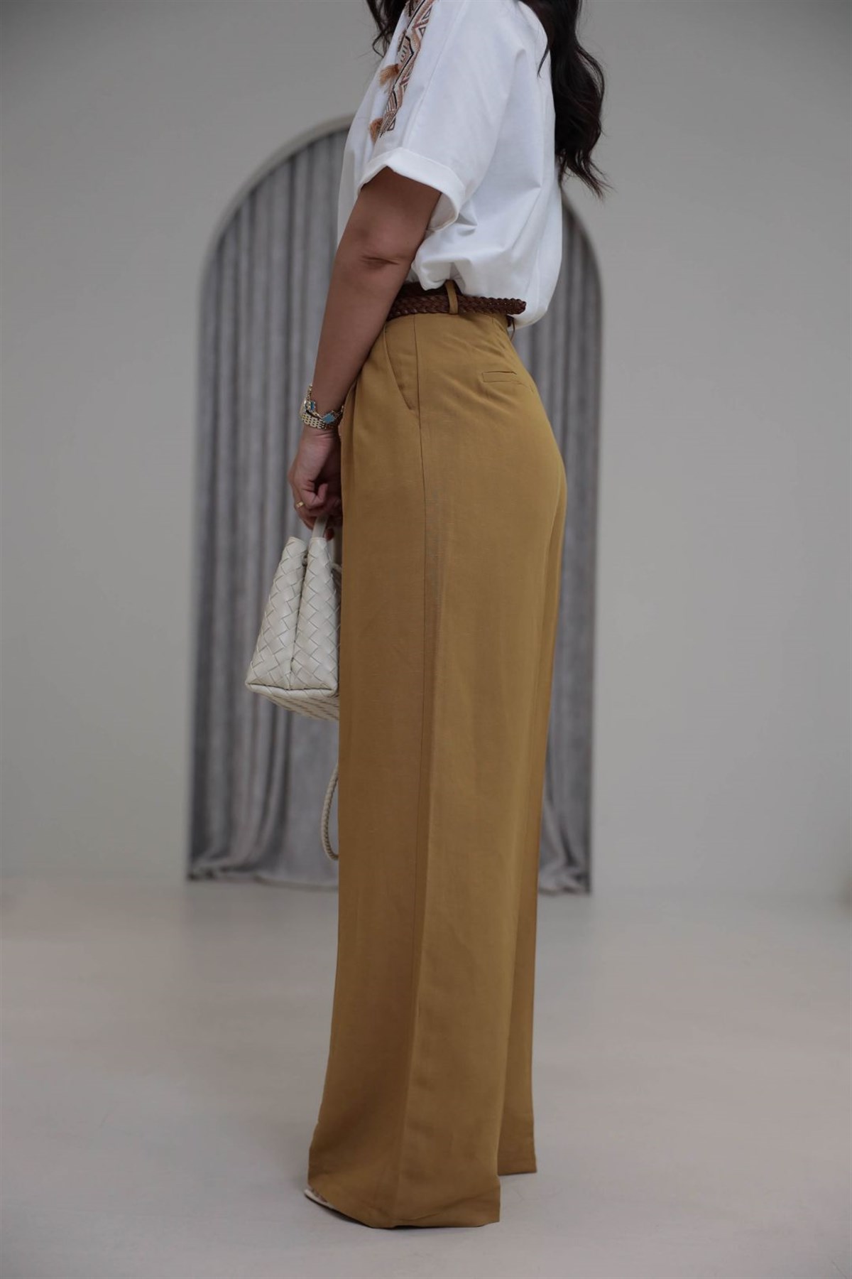 1150 Örme Kemerli Viskon Keten Pantolon YAĞ YEŞİLİ