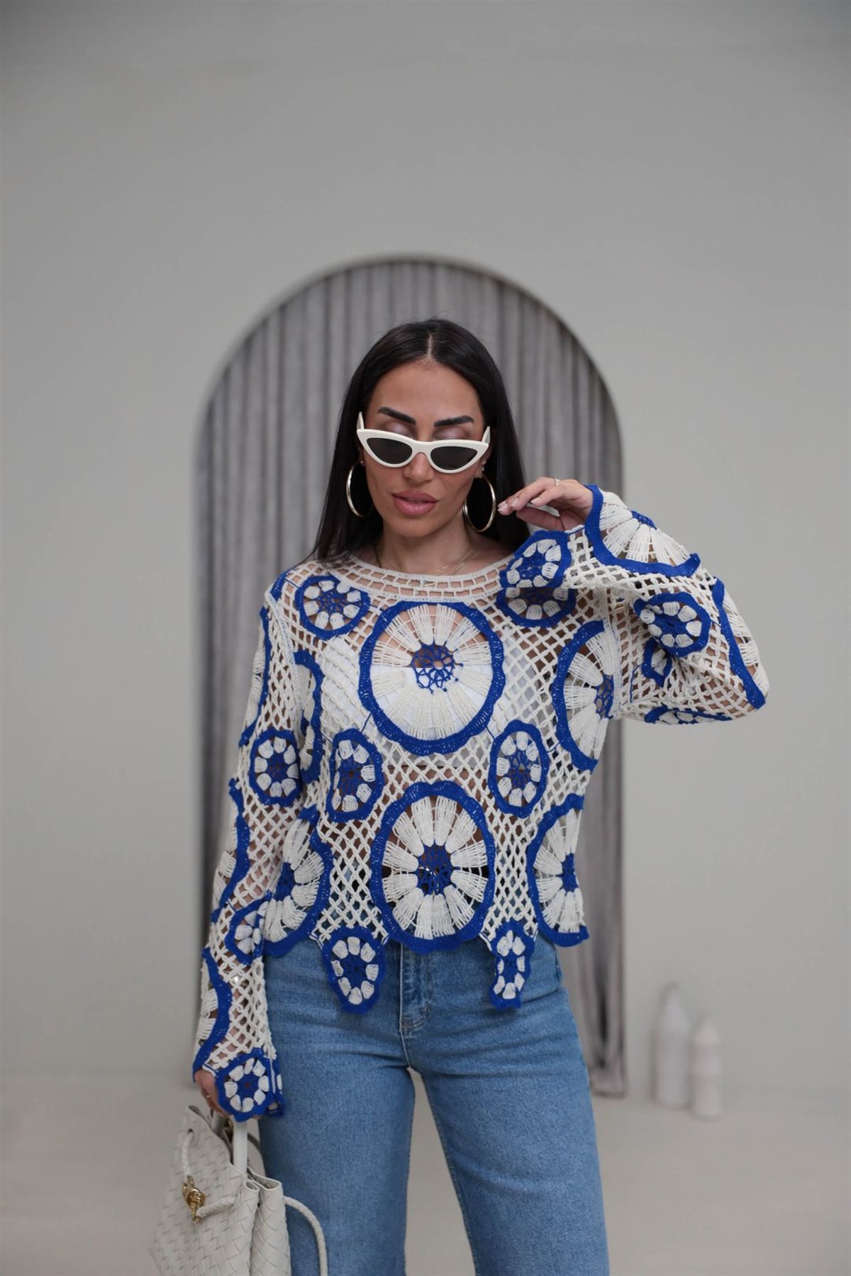 4087 Desenli Örme Yazlık Triko MAVİ