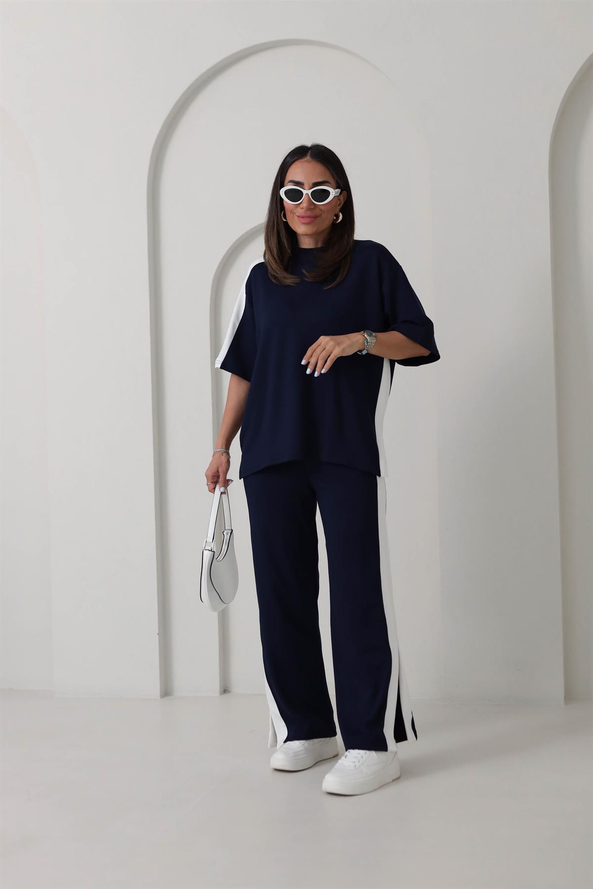 3417 Kontrastlı Paça Yırtmaçlı Rahat Modal Takım LACİVERT