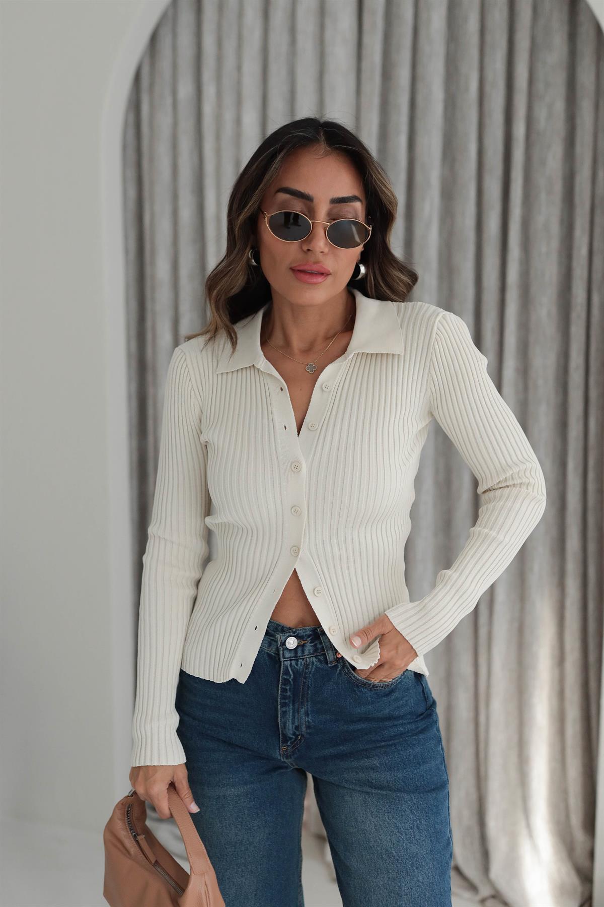 0701 Polo Yaka Fitilli Triko Hırka TAŞ