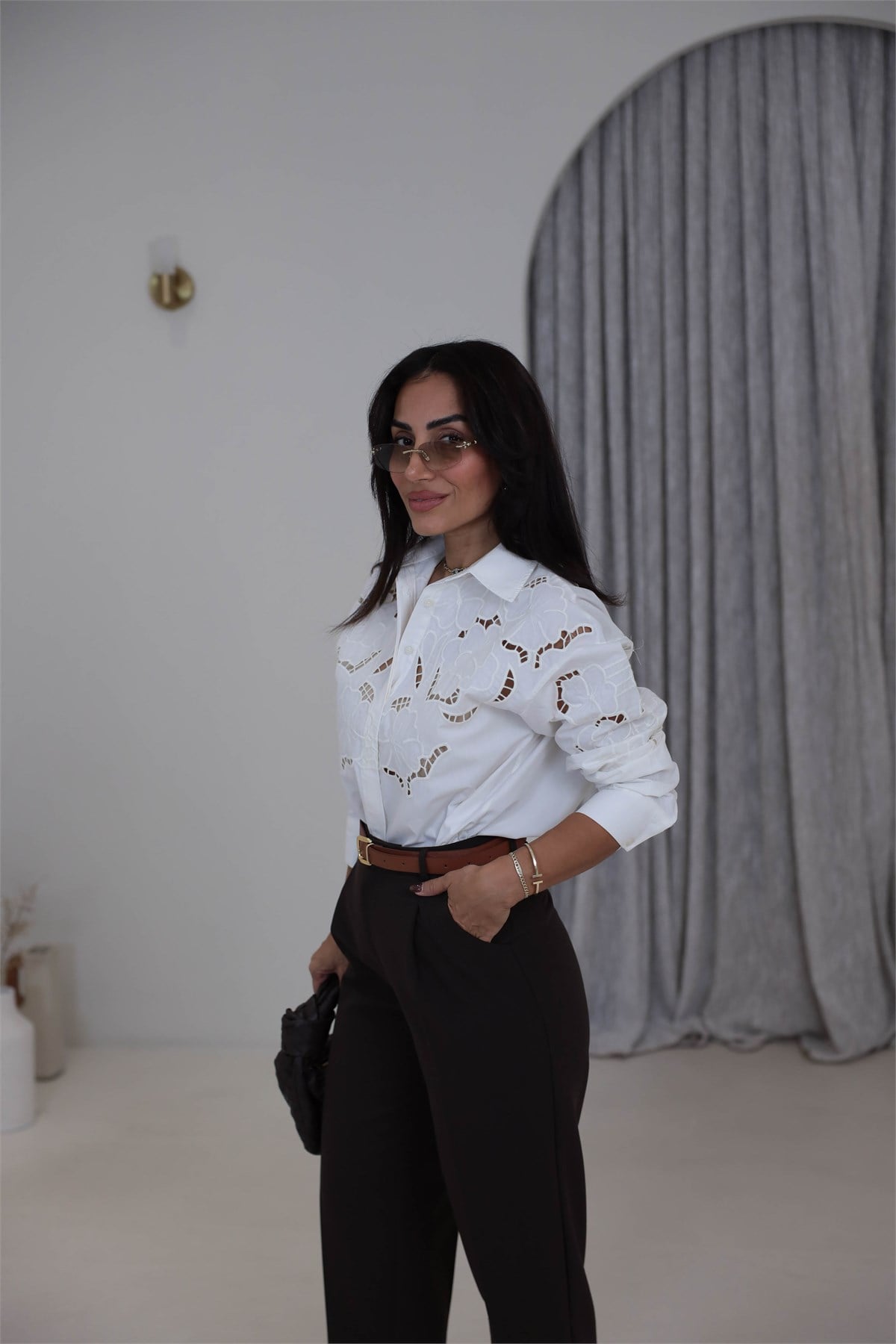 9030 Nakışlı Pamuklu Gömlek EKRU