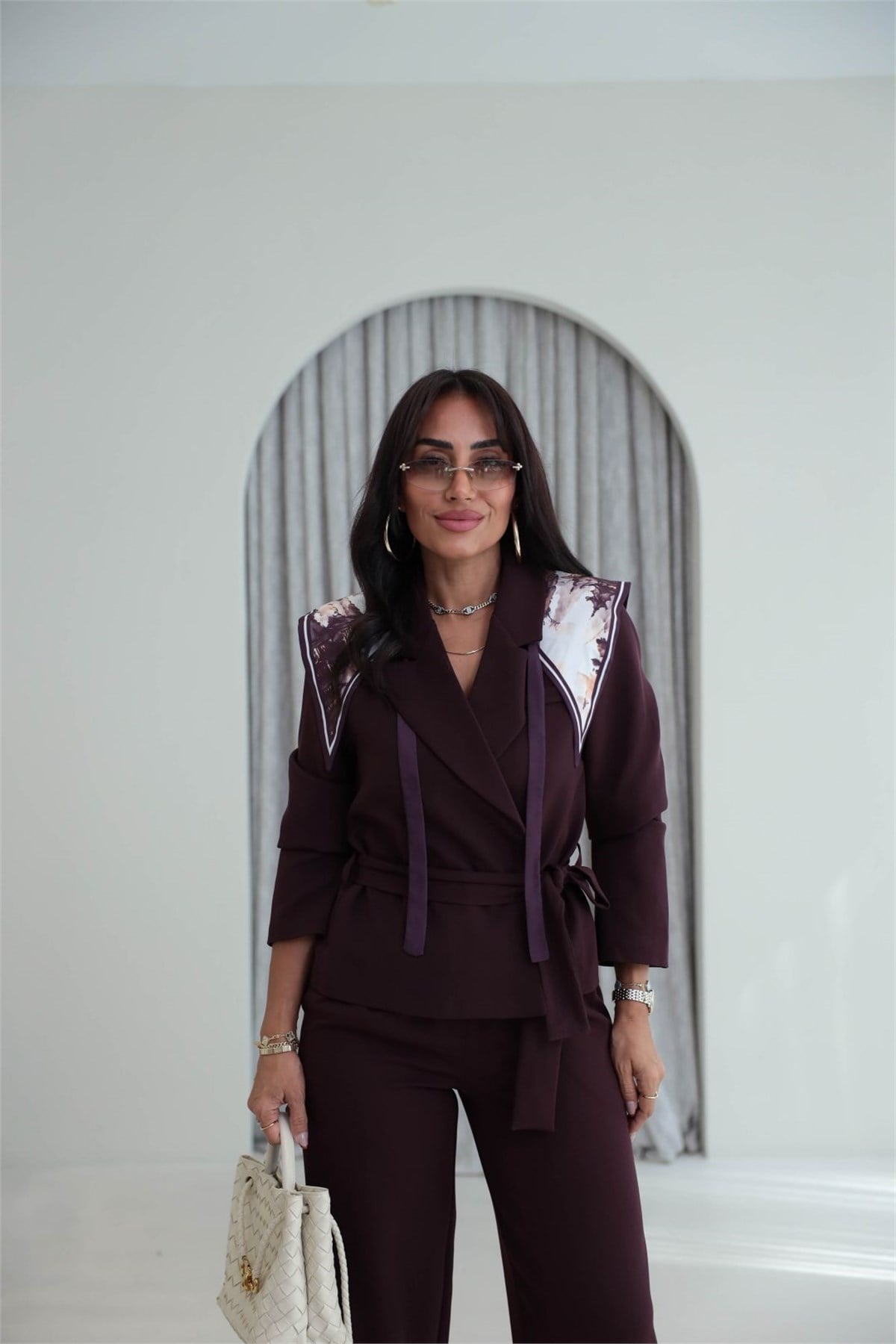 9319 Şal Detaylı Kuşaklı Ceket Pantolon MÜRDÜM