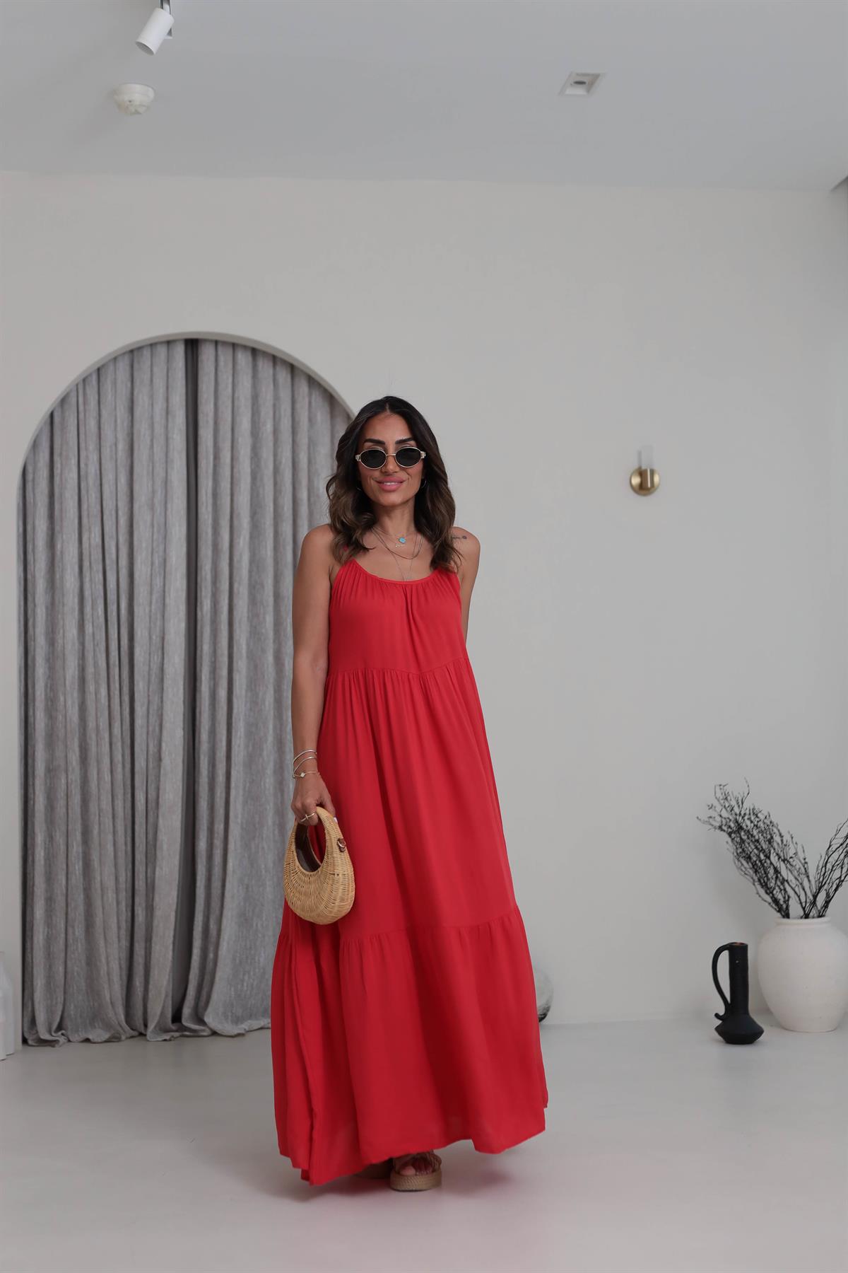 1387 Askıları Ayarlanabilir Viskon Maxi Elbise KIRMIZI