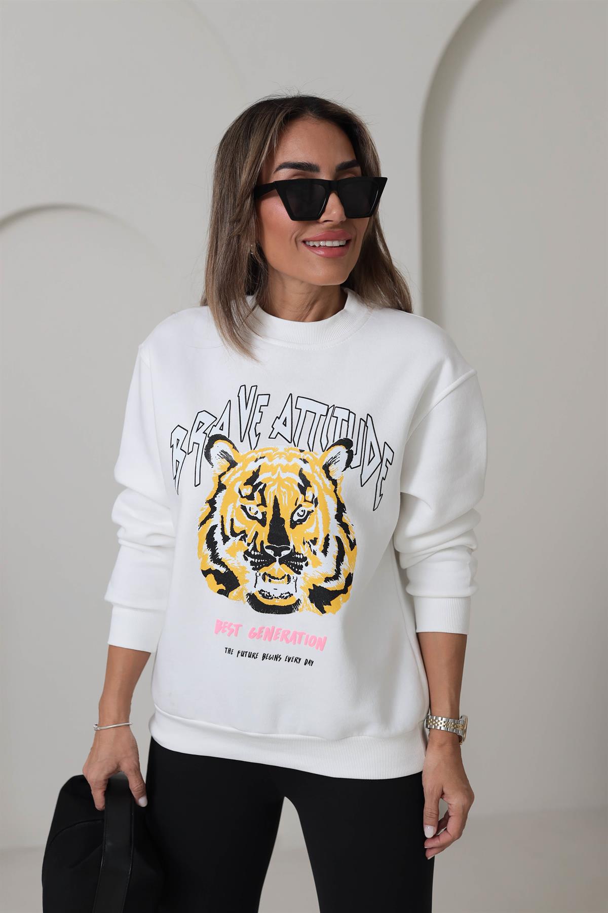 Bisiklet Yaka Kaplan Baskılı Şardonlu Sweatshirt EKRU