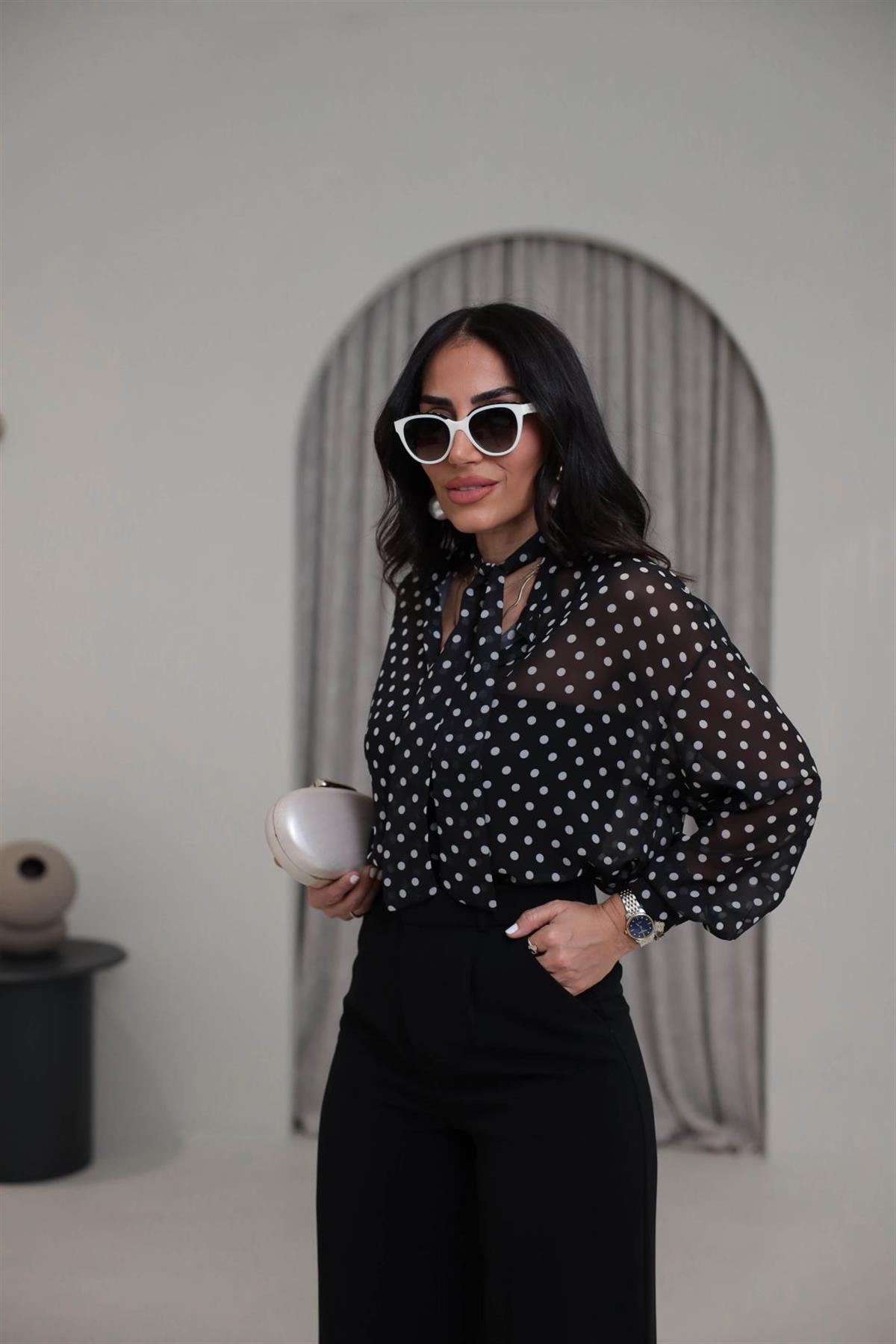 4130 Fular Detay Puantiyeli Şifon Gömlek SİYAH