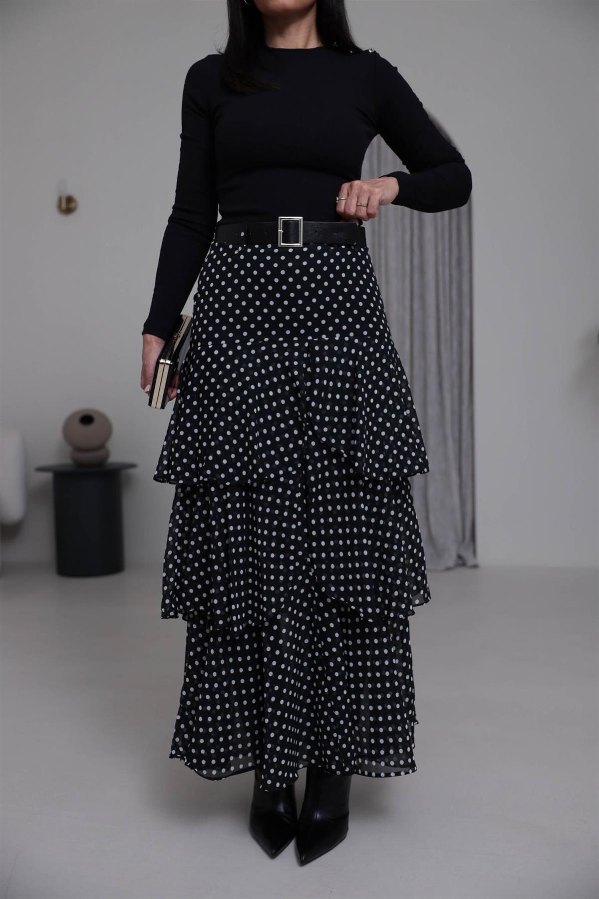 7218 Puantiyeli Kemerli Yırtmaçlı Şifon Etek SİYAH