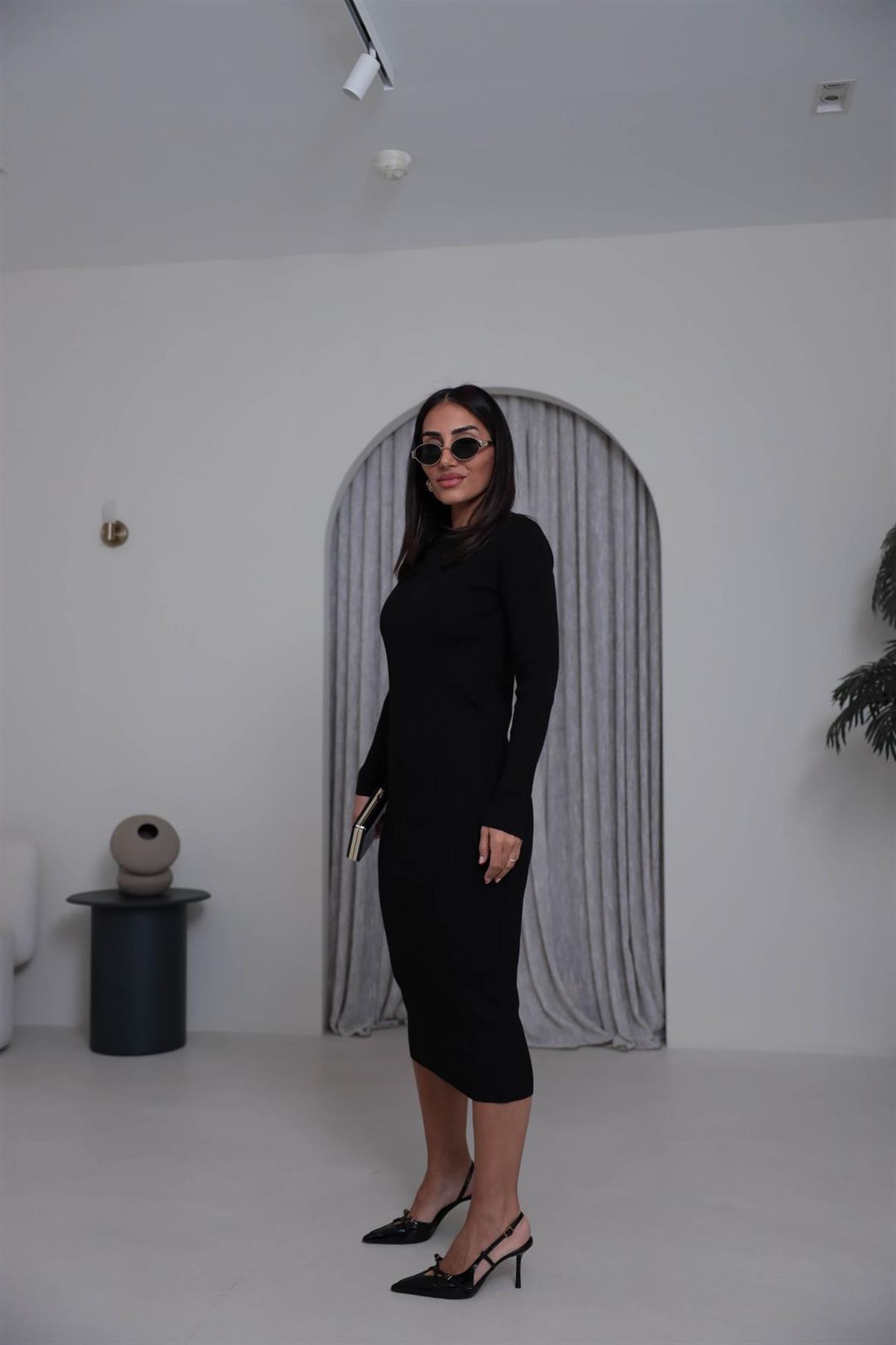 2000 Kayık Yaka Triko Elbise SİYAH