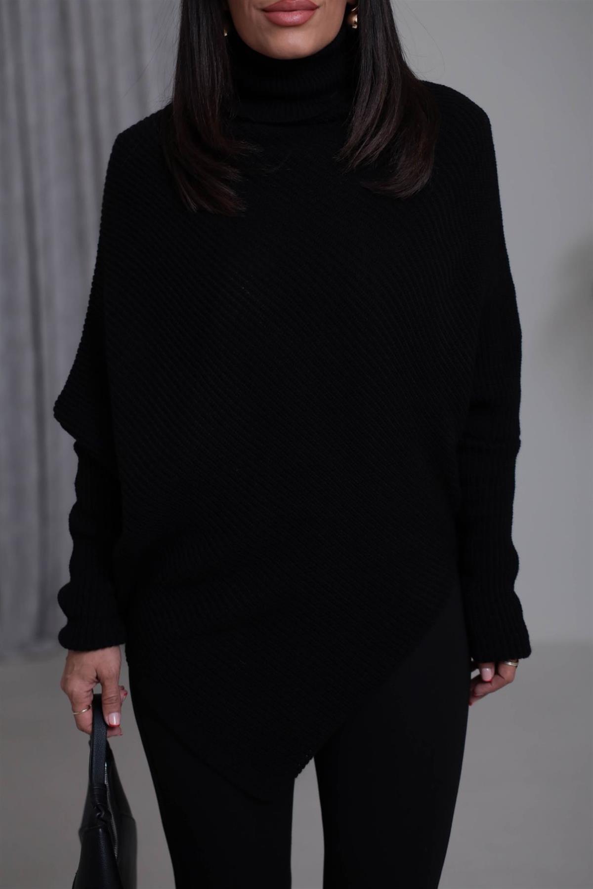 2574 Balıkçı Yaka Asimetrik Triko Kazak SİYAH