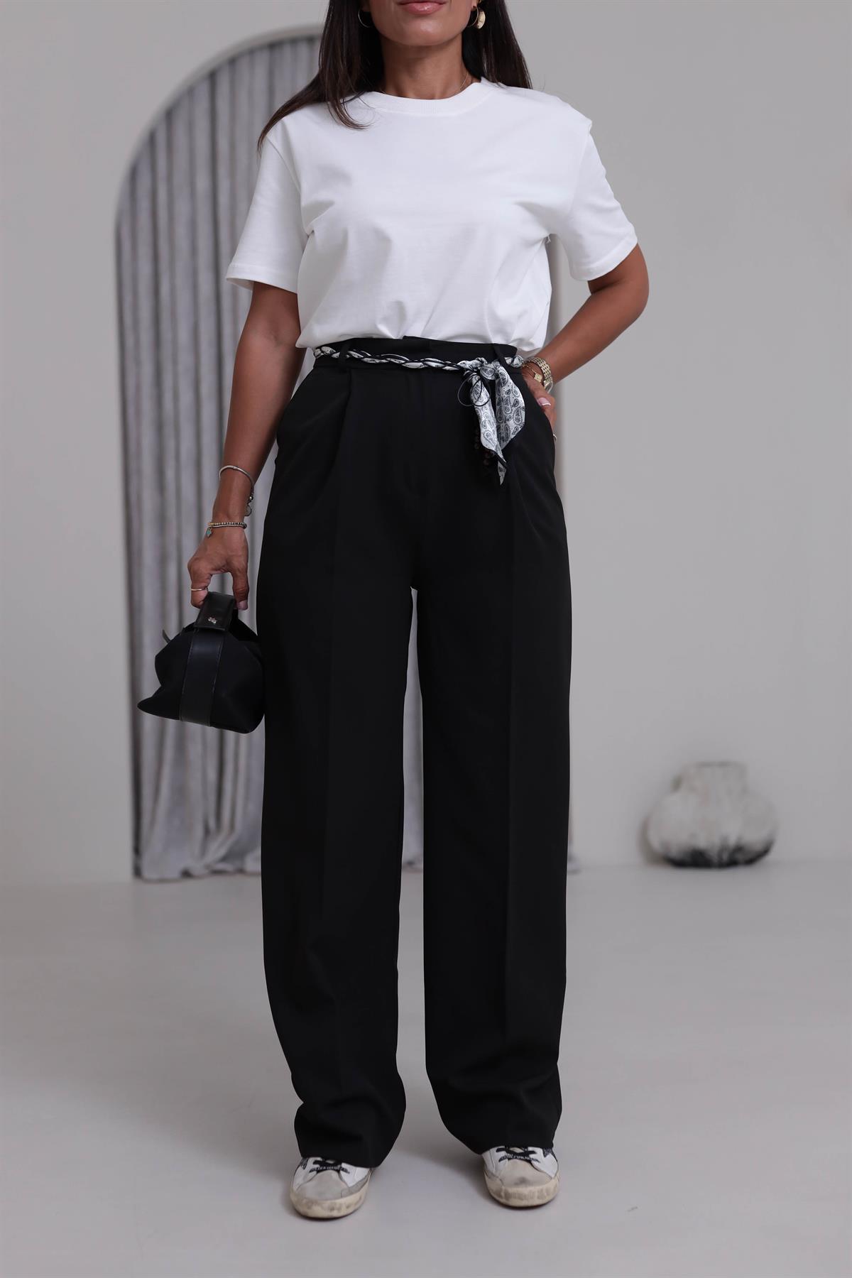 0522 Fularlı Kemerli Palazzo Pantolon SİYAH