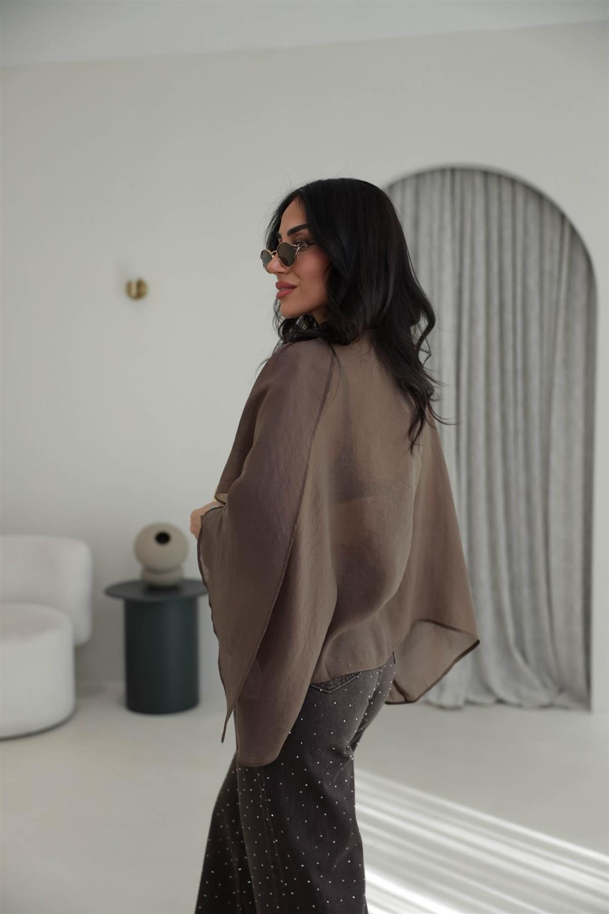 5026 Uçuşan Pelerin Bluz KAHVE