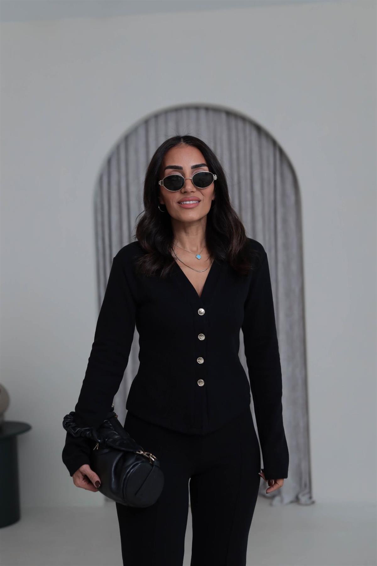 Gold Düğmeli V Yaka Selanik Hırka Takım SİYAH