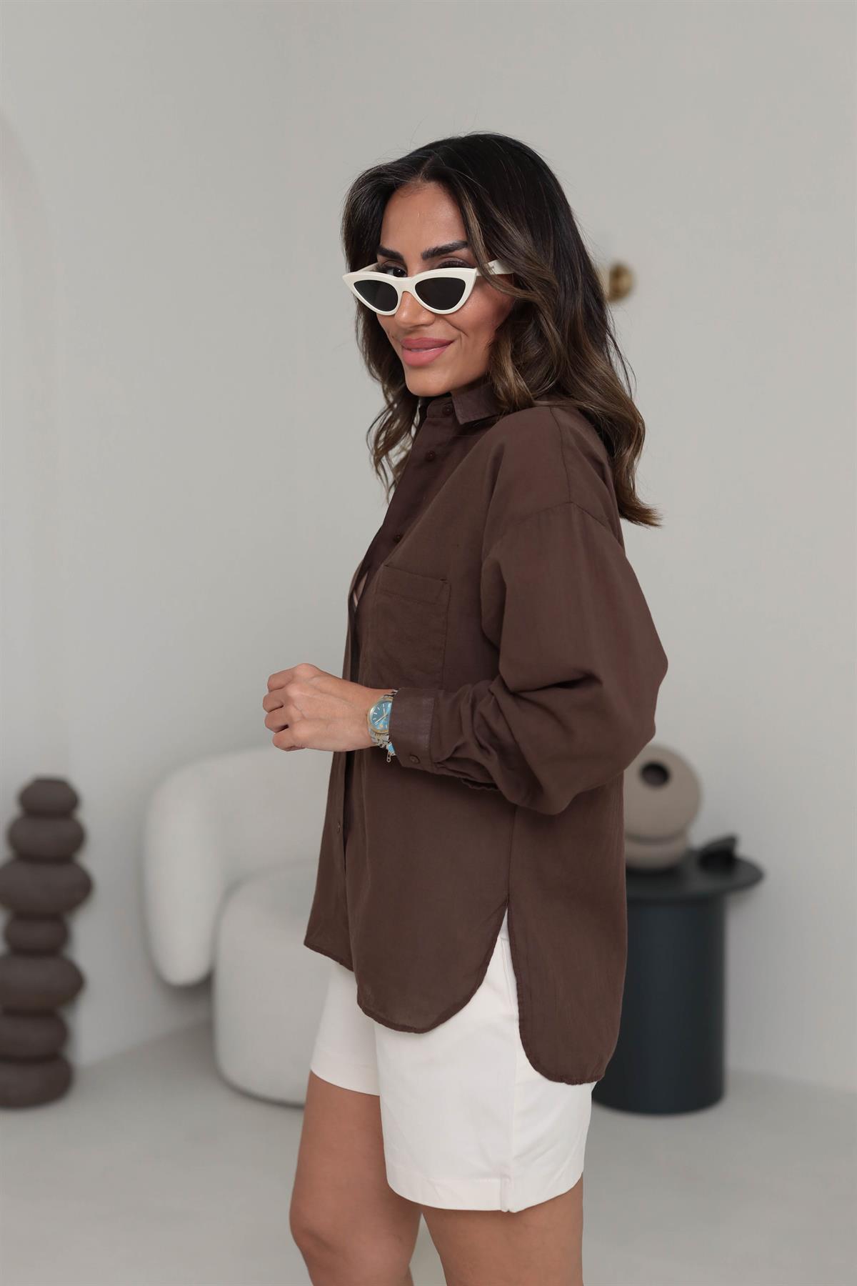 4294 Cep Detaylı Pamuklu Dokulu Gömlek KAHVE