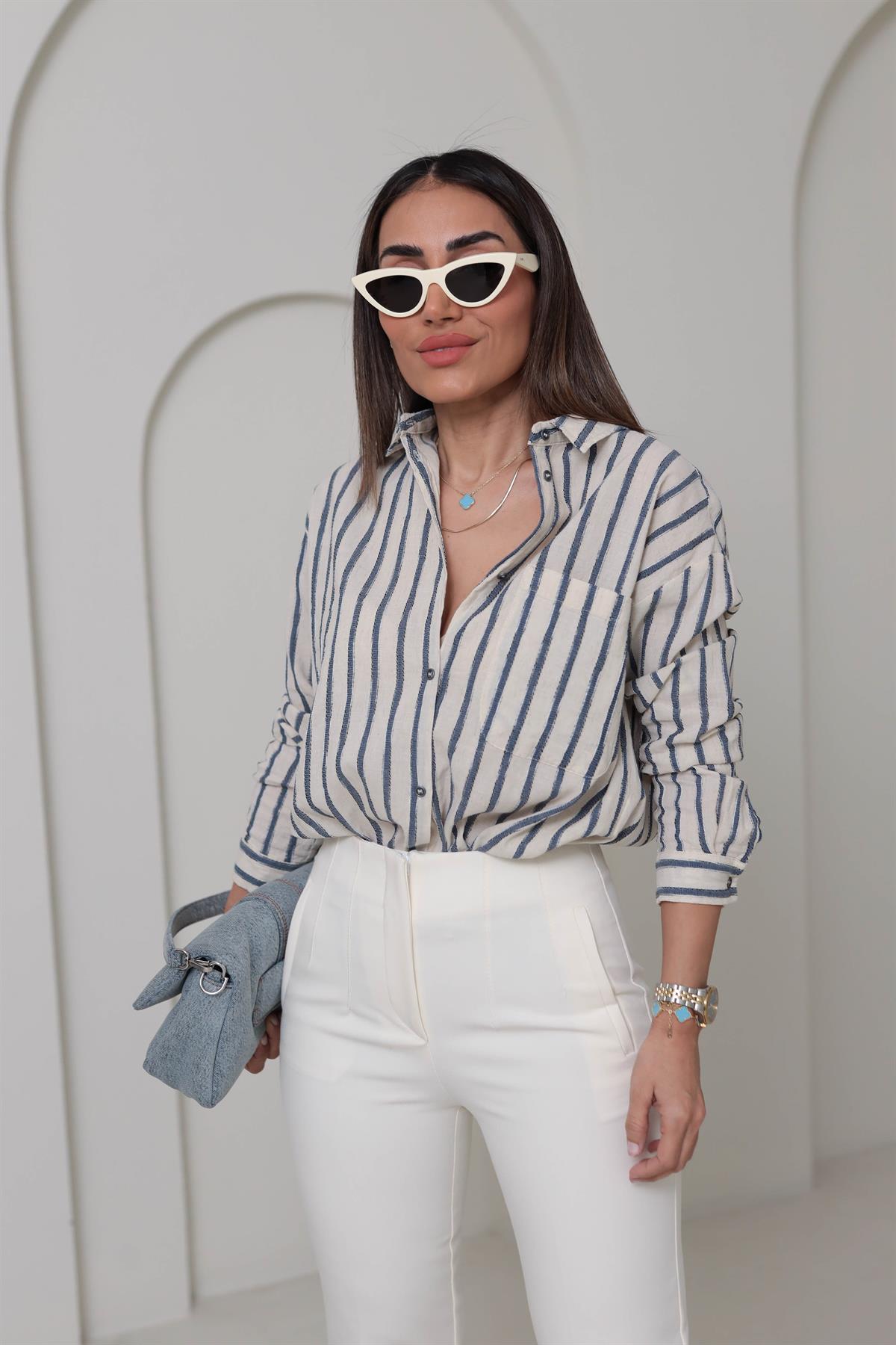 4373 Cep Detaylı Çizgili Keten Gömlek TAŞ MAVİ