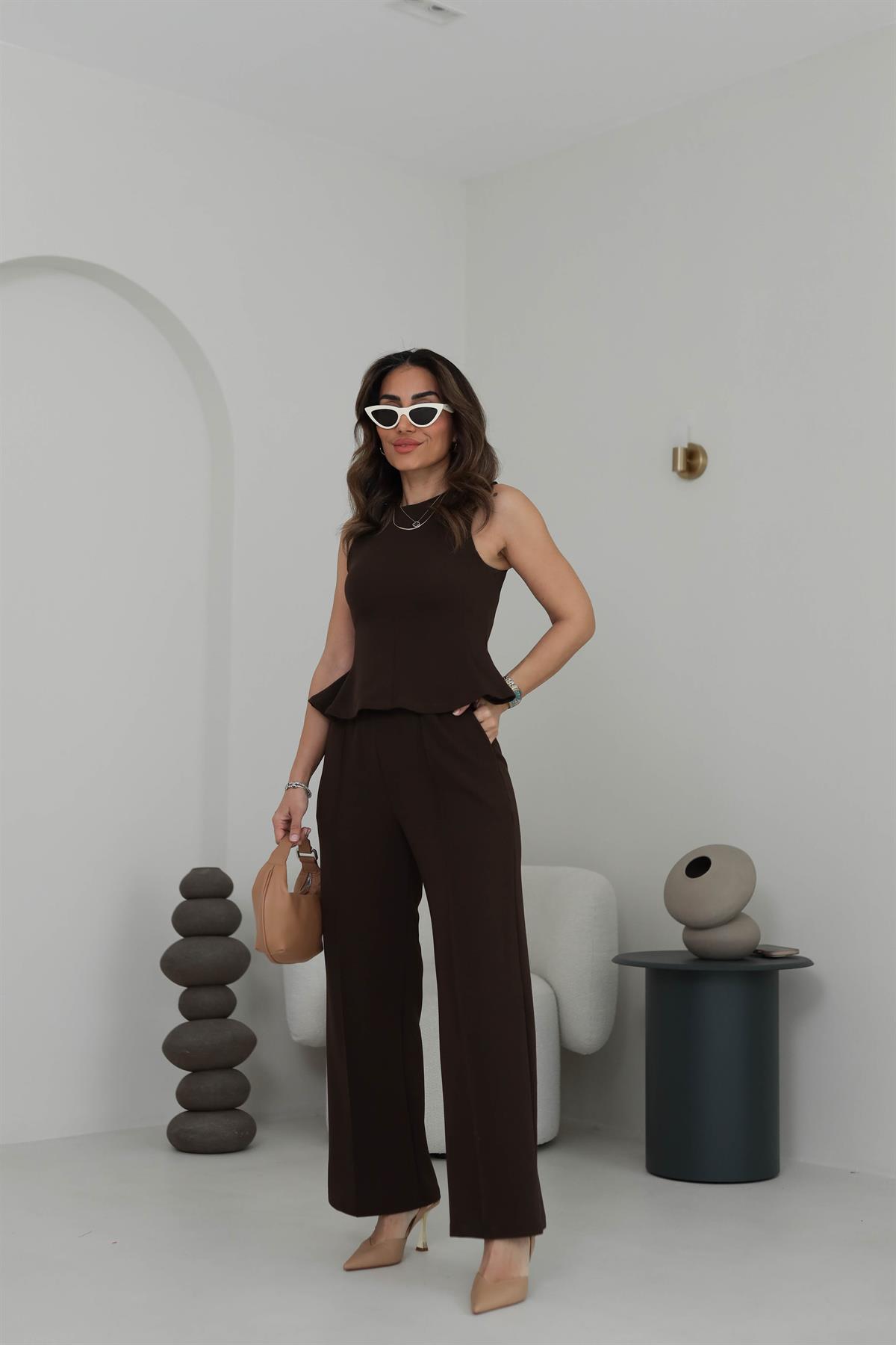 7169 Sıfır Kol Örme Bluz Pantolon Takım KAHVE