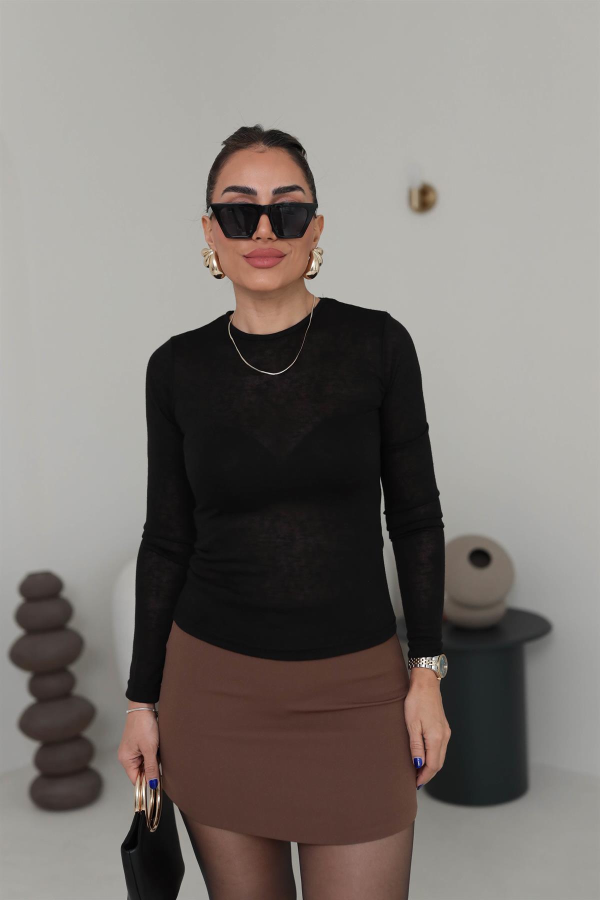 1091 Bisiklet Yaka Transparan Bluz SİYAH