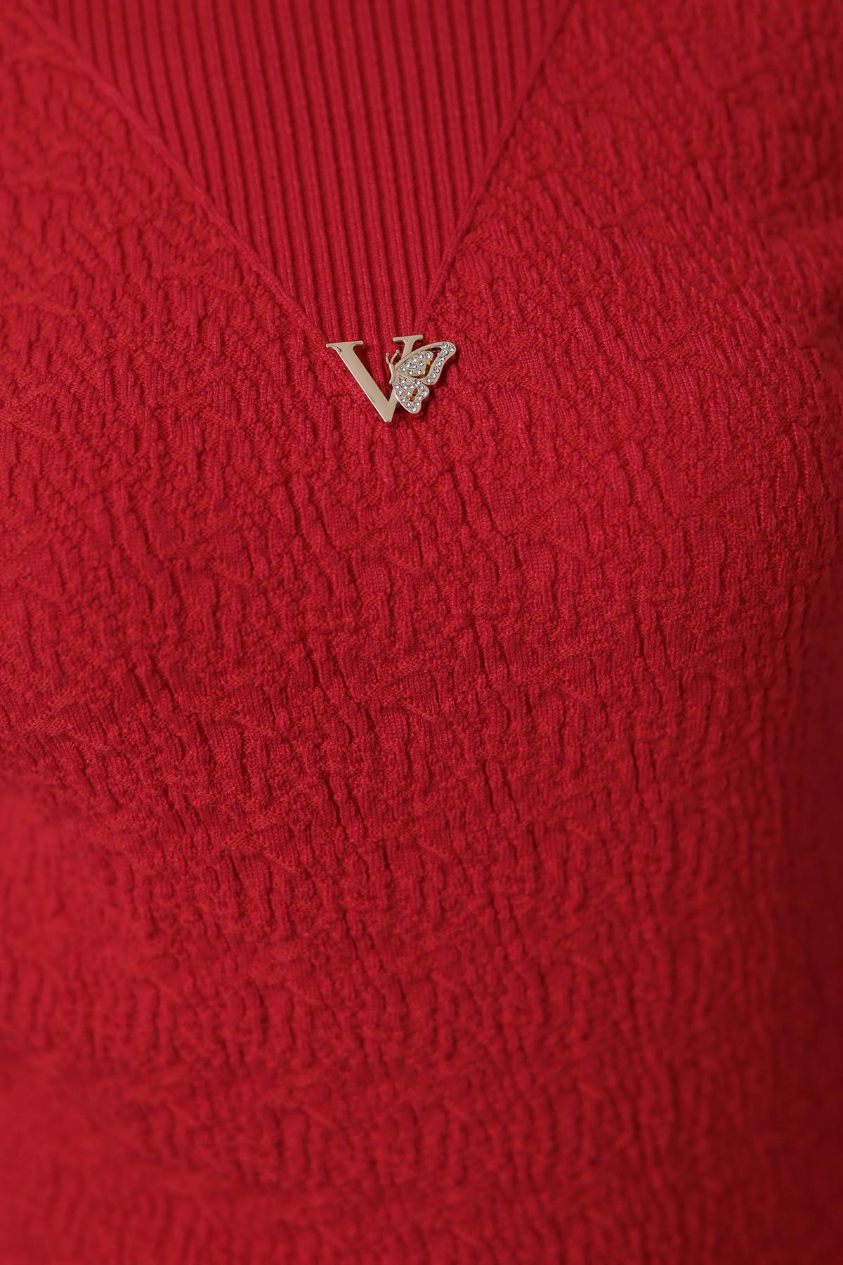 0248 Korspan Dik Yaka V Armalı Yumuşak Triko KIRMIZI