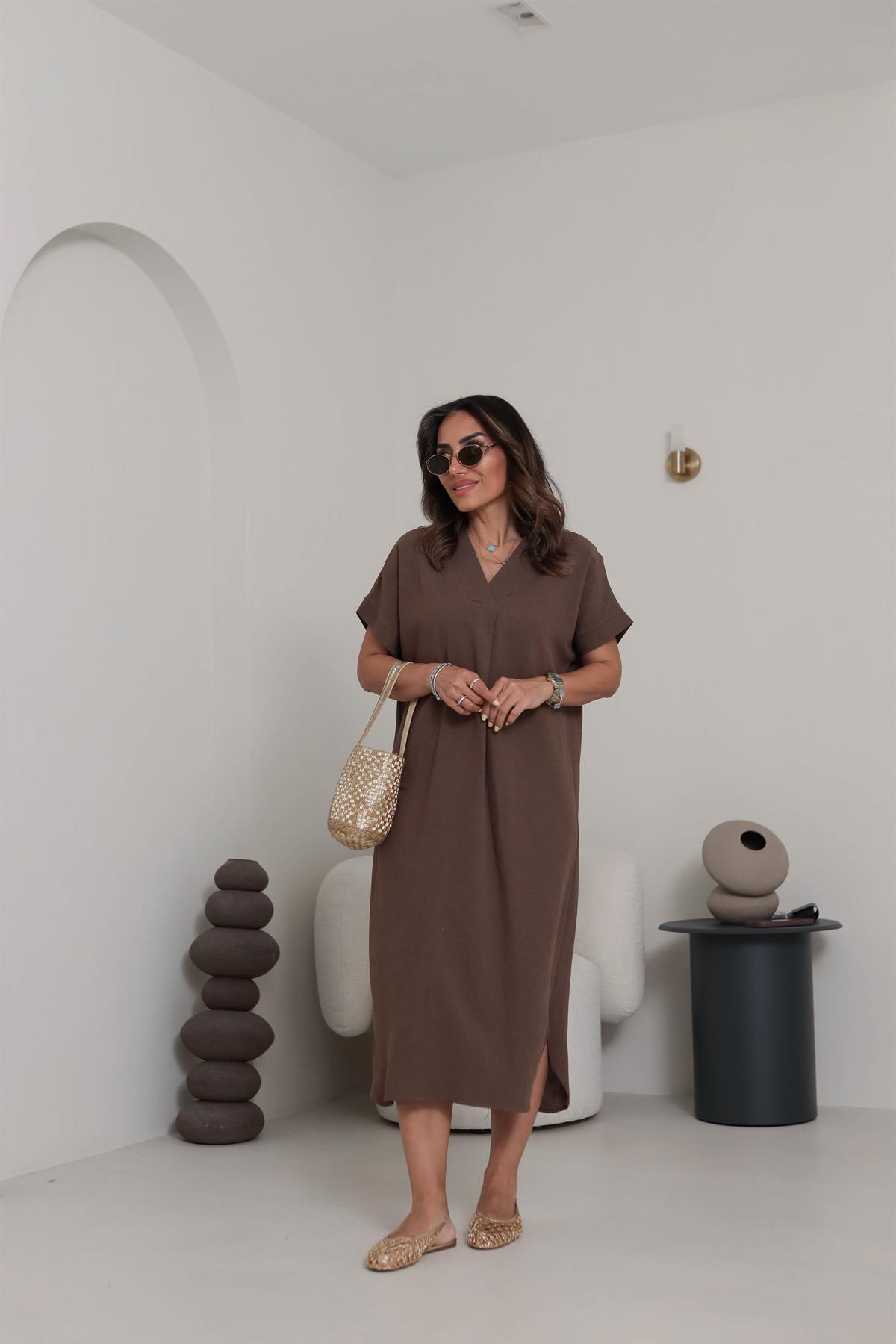5998 V Yaka Rahat Terni Elbise KAHVE