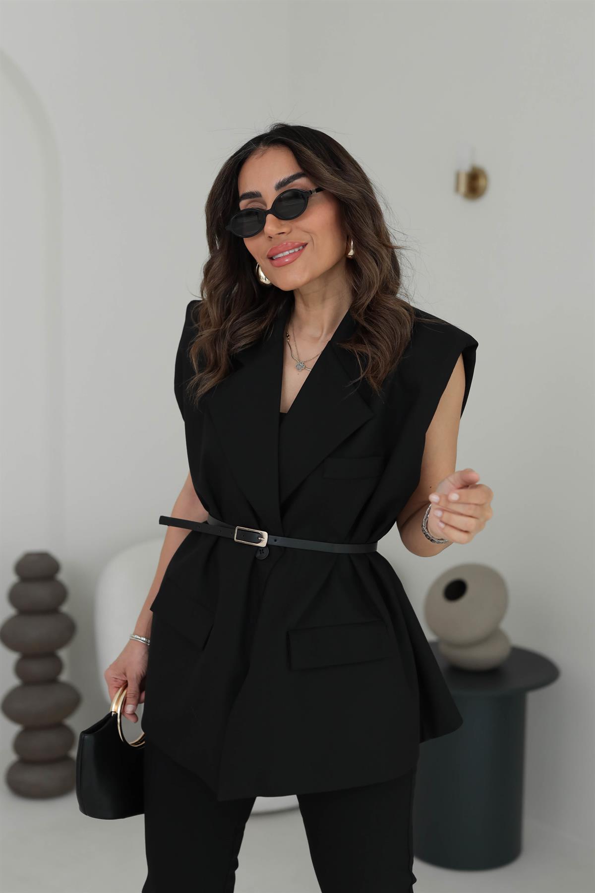 7449 Vatkalı Ve kemerli Yelek Ceket SİYAH