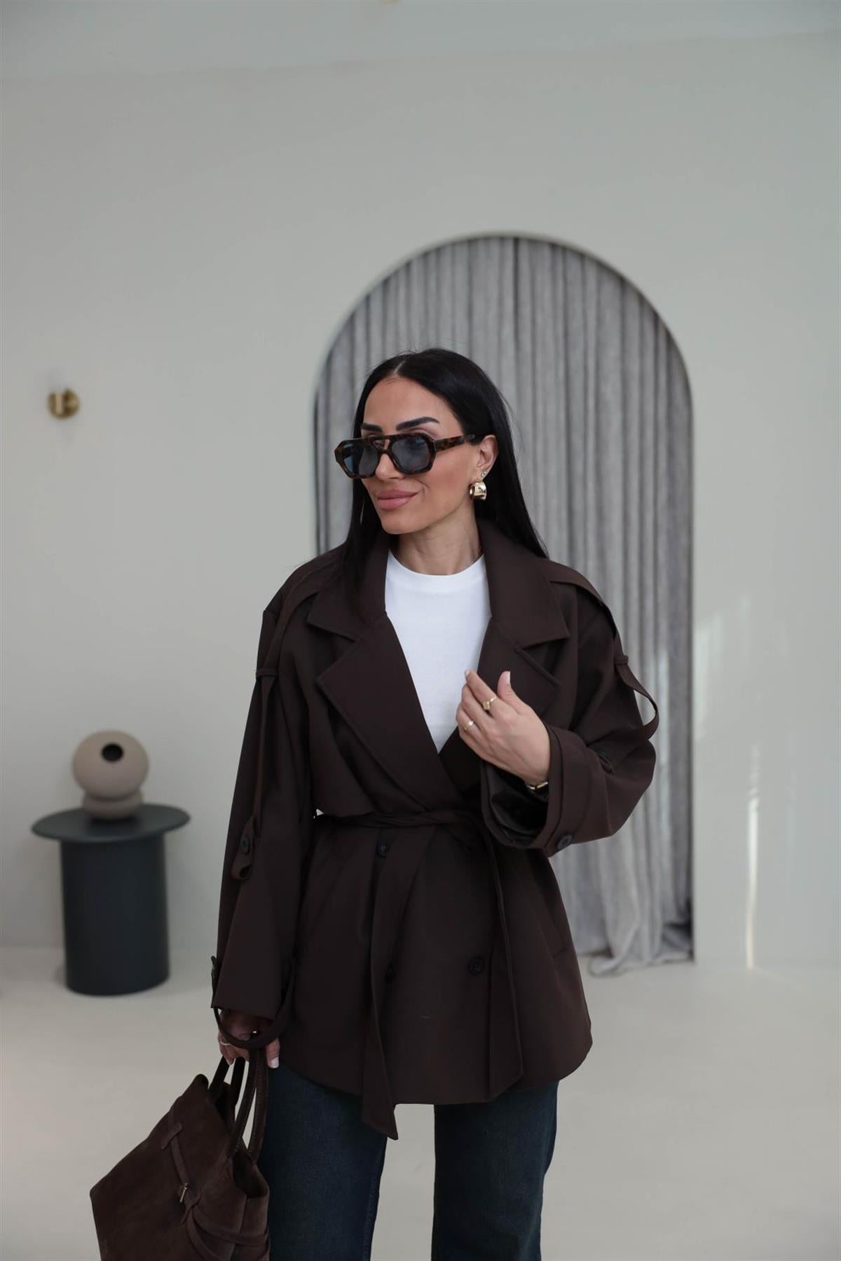 Apoletli Tasarım Astarlı Premium Kısa Trençkot KAHVE