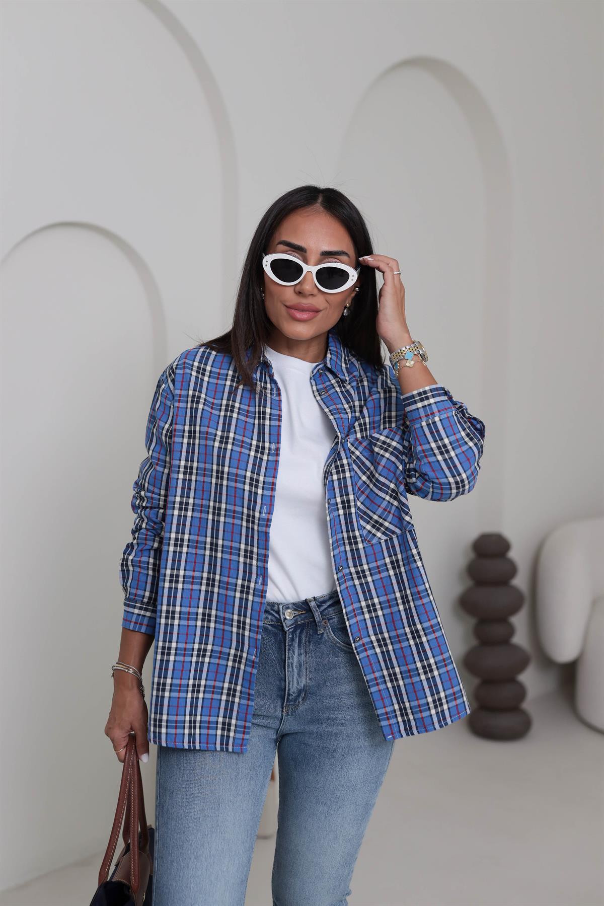 4691 Çizgili Ekose Koton Gömlek MAVİ