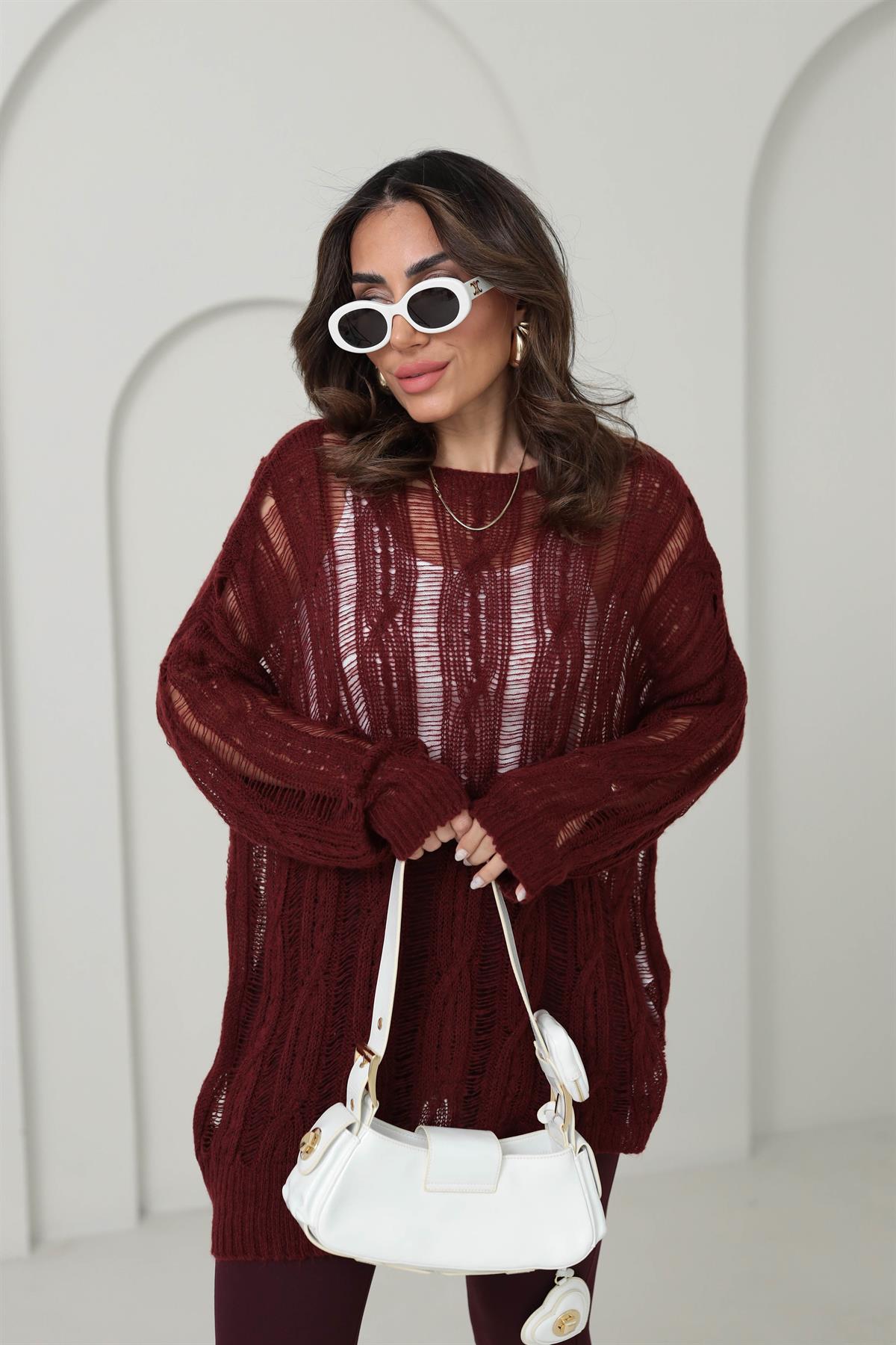 4134 Saç Örgülü Ajurlu Triko BORDO