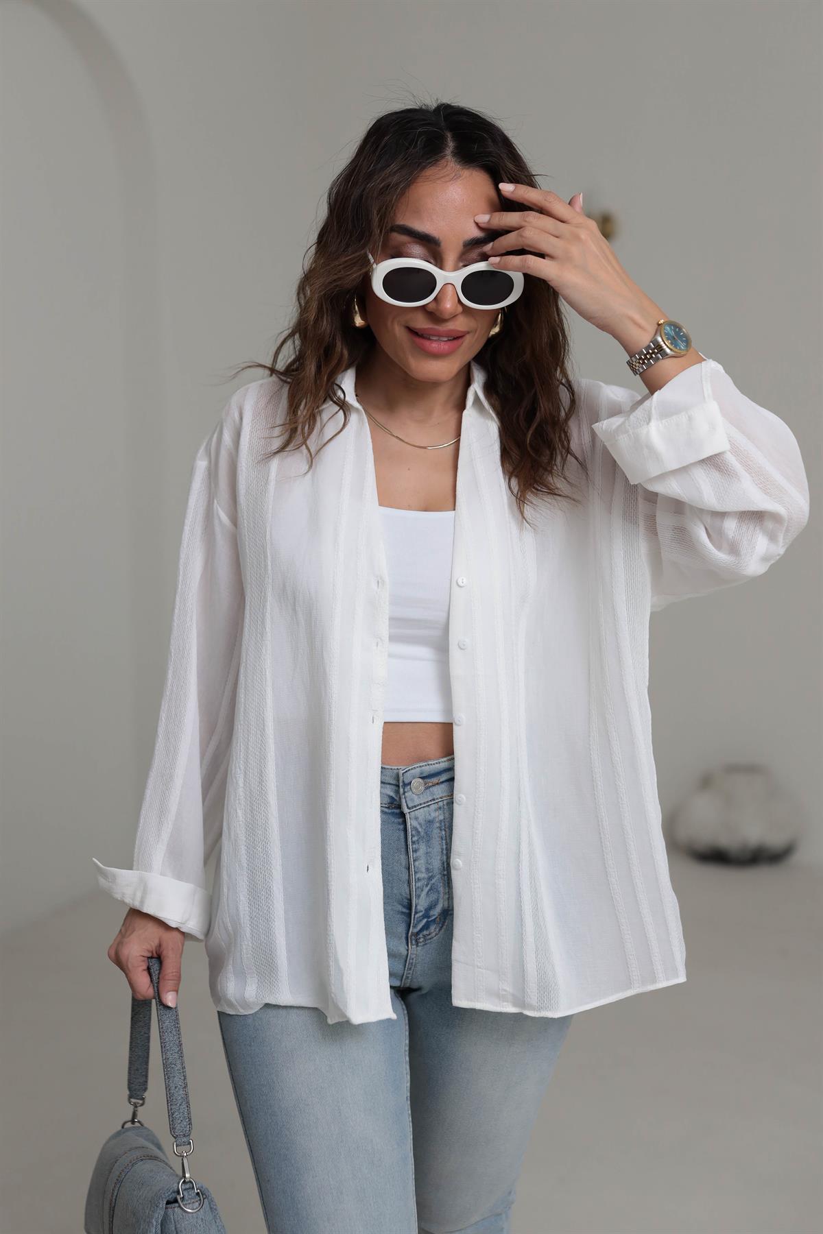 4914 Transparan Detaylı Oversize Gömlek BEYAZ