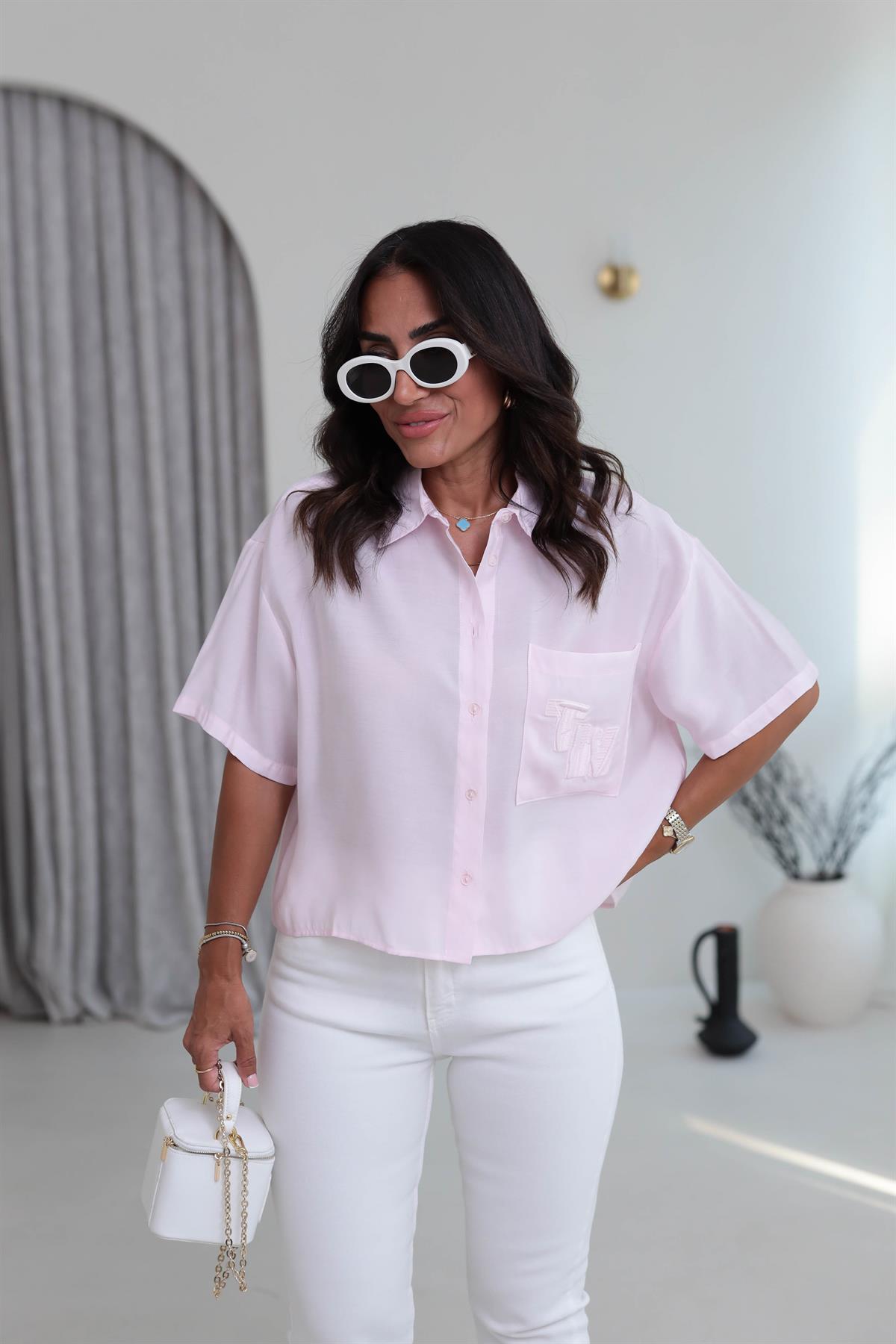 1261 Cep Nakış İşlemeli Tencel Kısa Kol Gömlek PEMBE