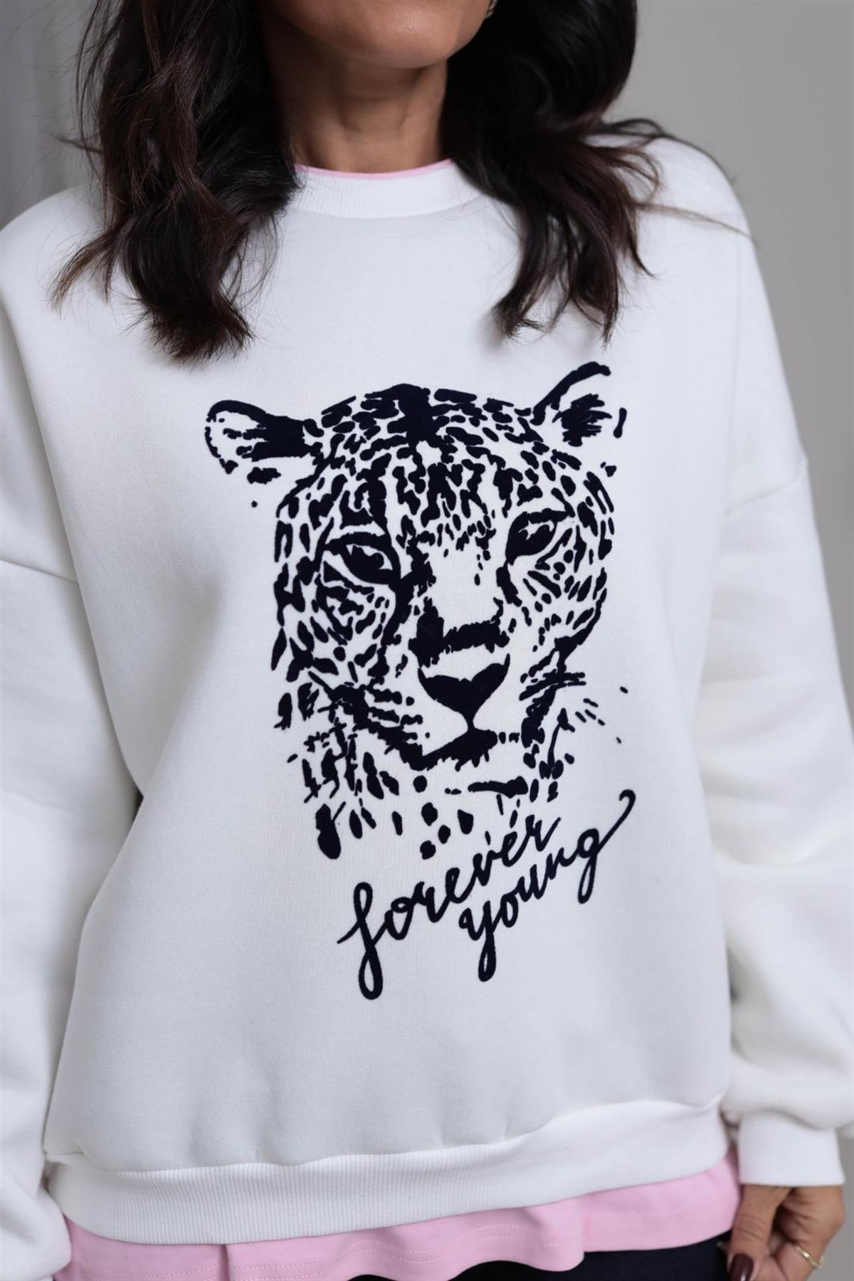 0612 Leopar Baskılı Şardonlu Garnili Sweatshirt BEYAZ