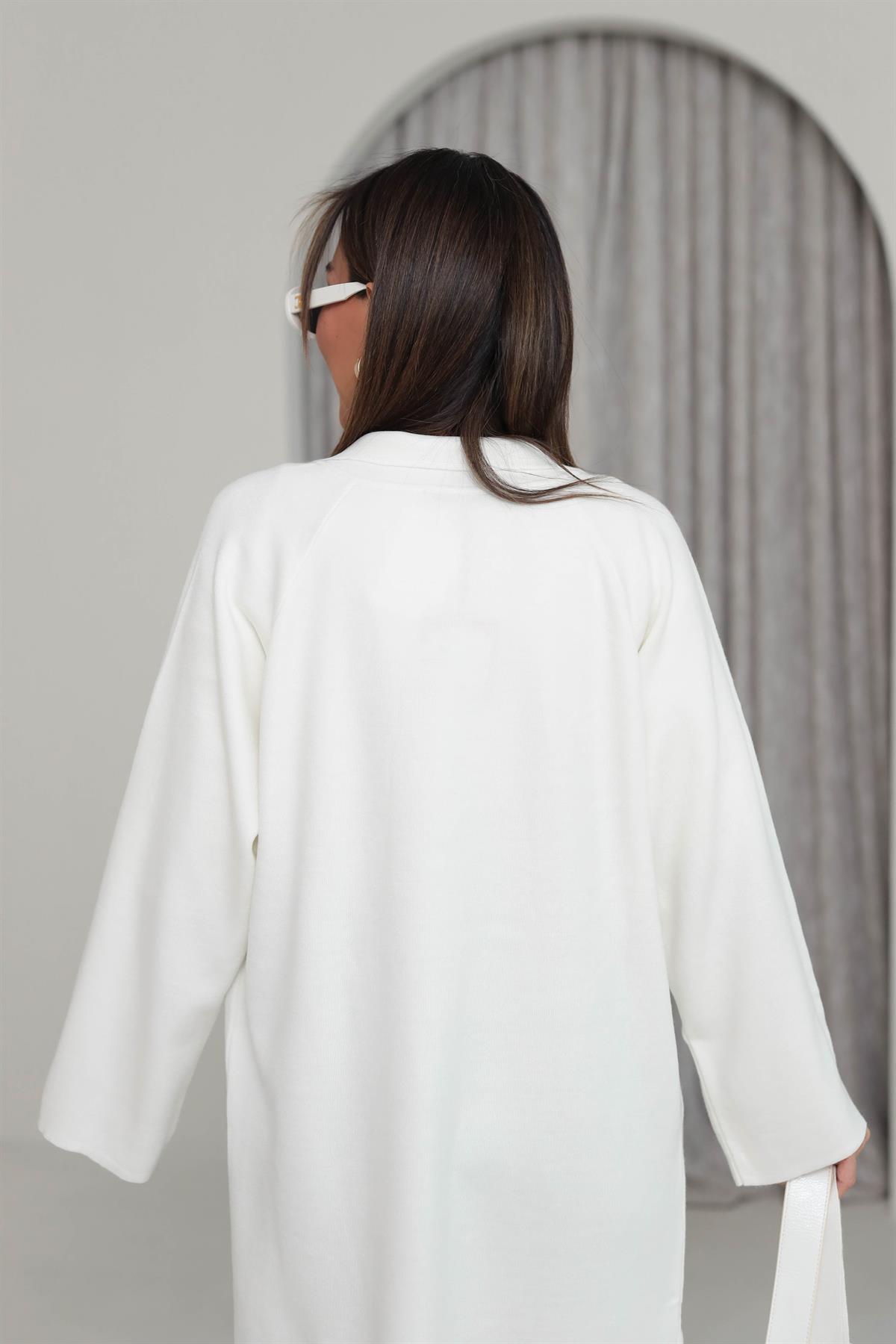 4064 Polo Yaka Triko Kemer Detaylı Hırka EKRU