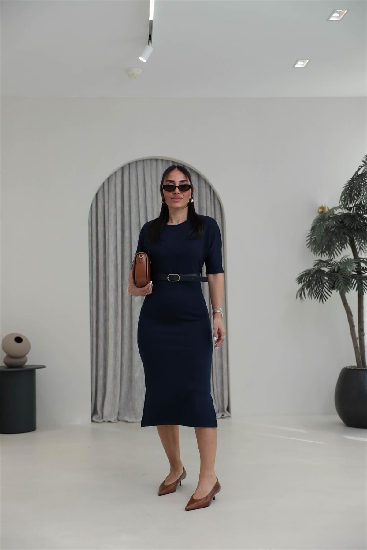 1484 Kemerli Modal Elbise LACİVERT