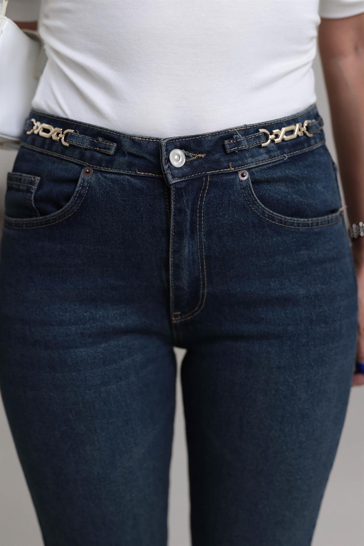 1752 Yüksek Bel Zincir Aksesuar detaylı Pantolon TİNTLİ MAVİ