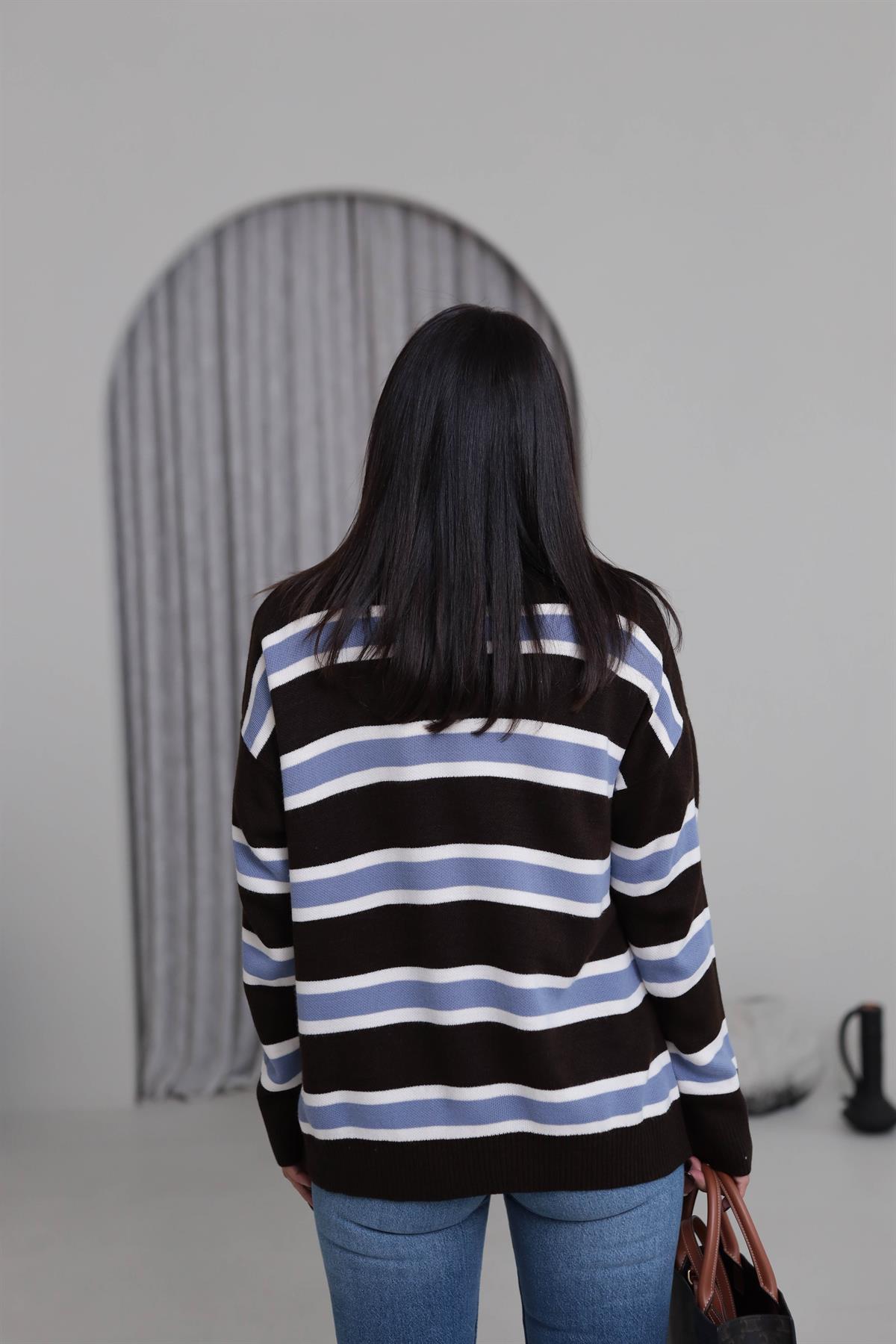 1127 Polo Yaka Şeritli Triko ACI KAHVE