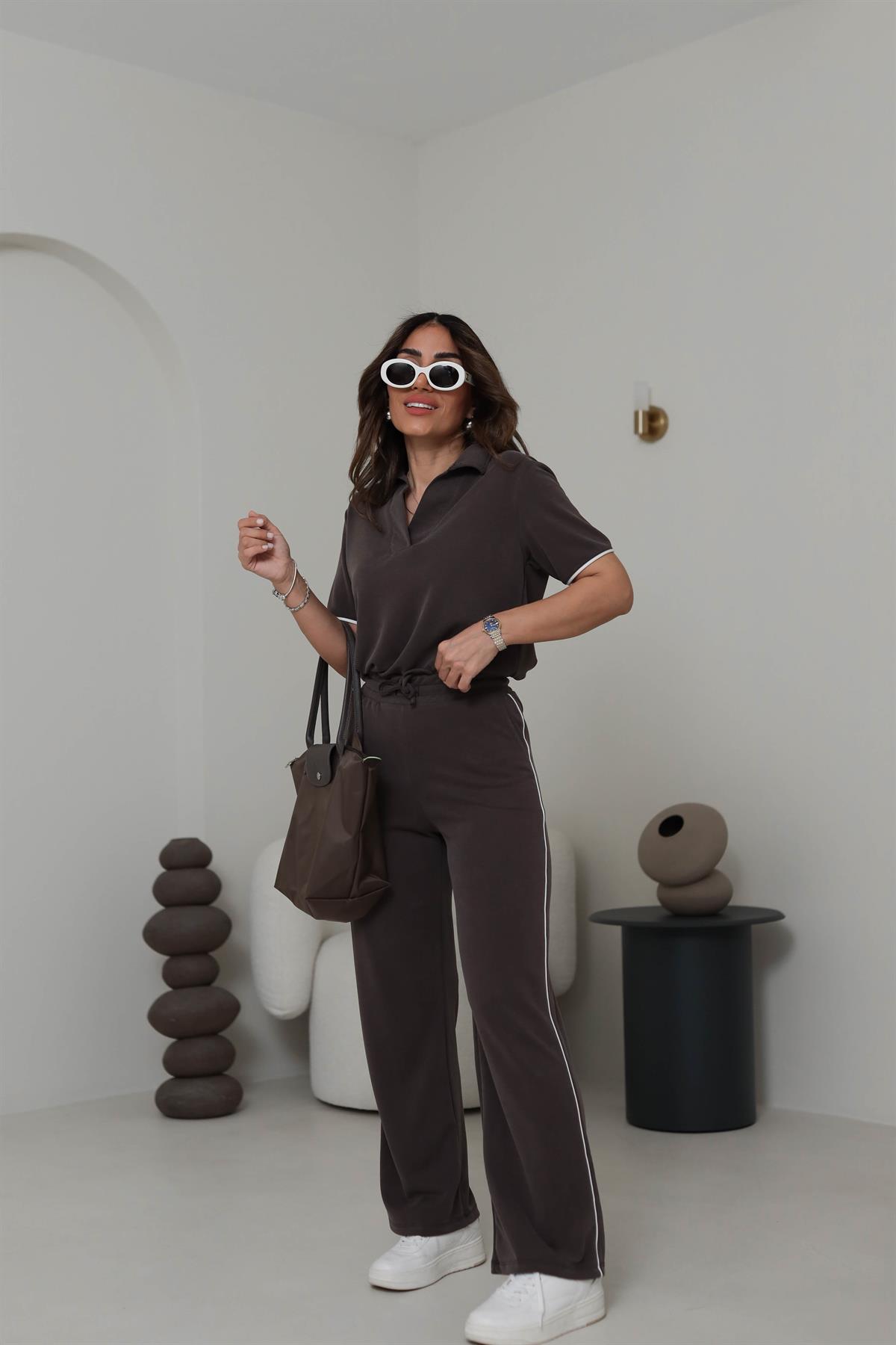 Polo Yaka Şeritli Detaylı Pike Modal Takım KAHVE