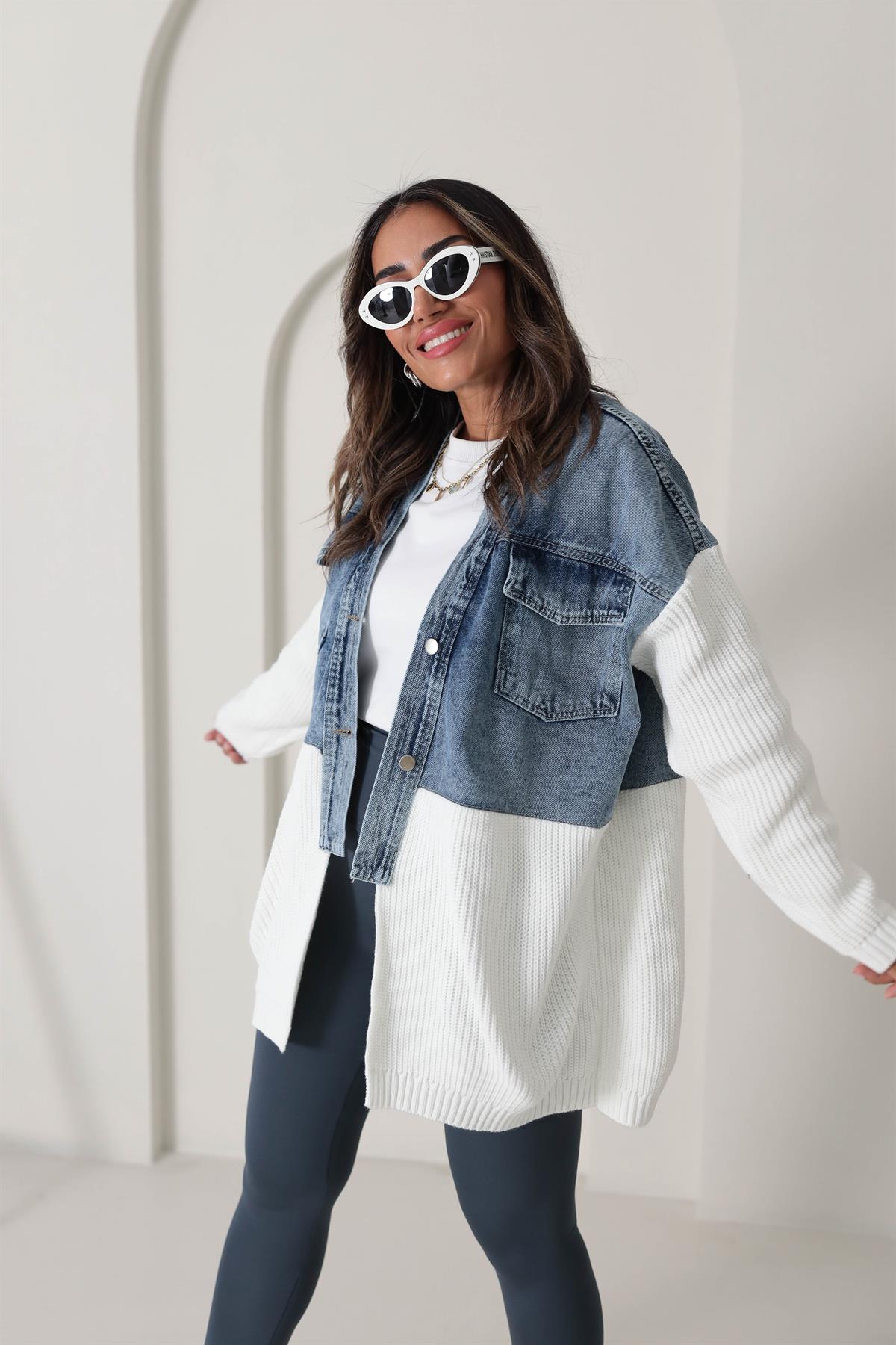 4139 Tasarım Triko ve Kot Garnili Ceket Hırka EKRU