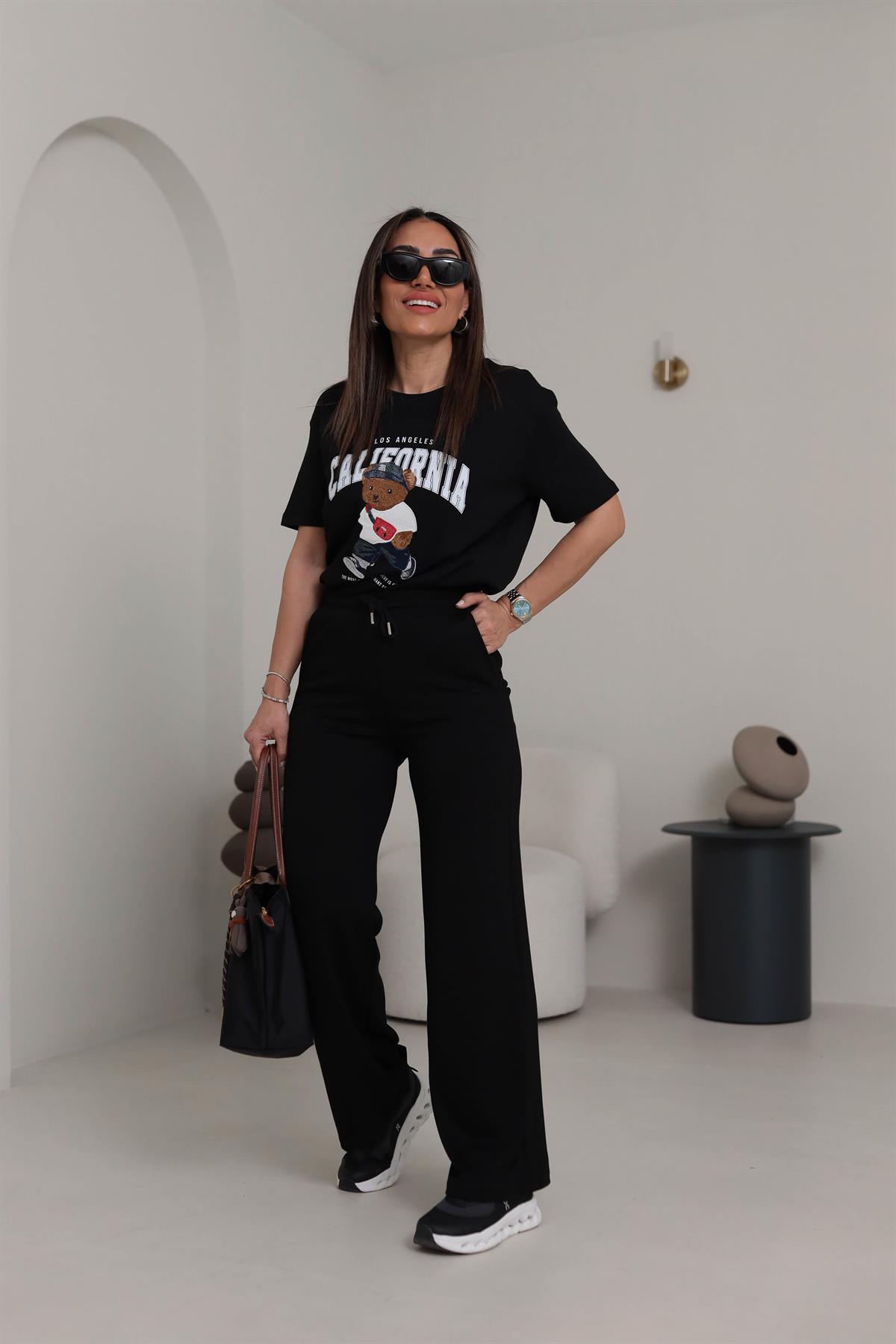 0295 Bisiklet Yaka Tedy Nakışlı Koton Tshirt SİYAH