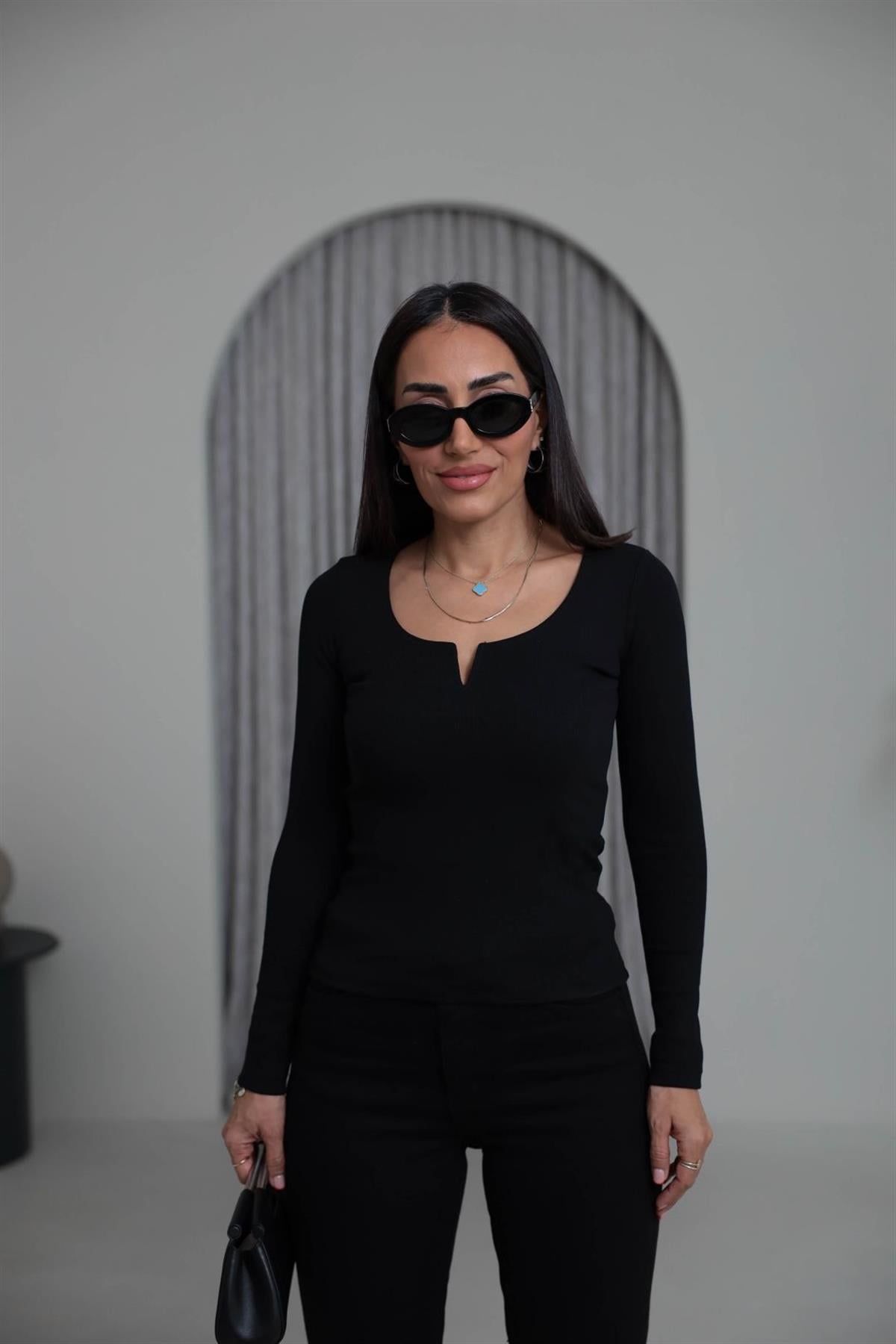 2260K Damla Yaka Pamuklu Bluz SİYAH