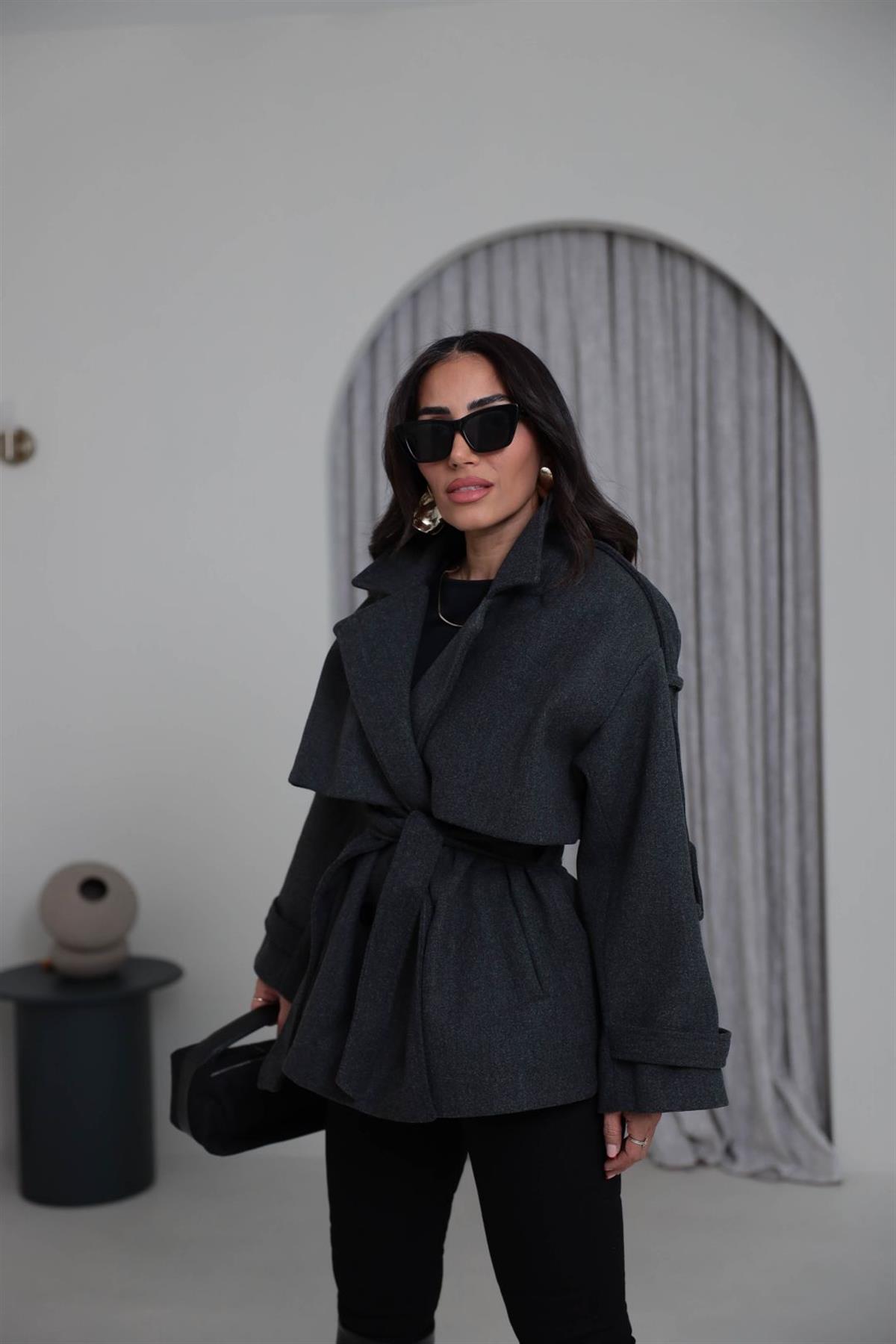 9669 Kuşaklı Oversize Premium Kaşe Ceket FÜME