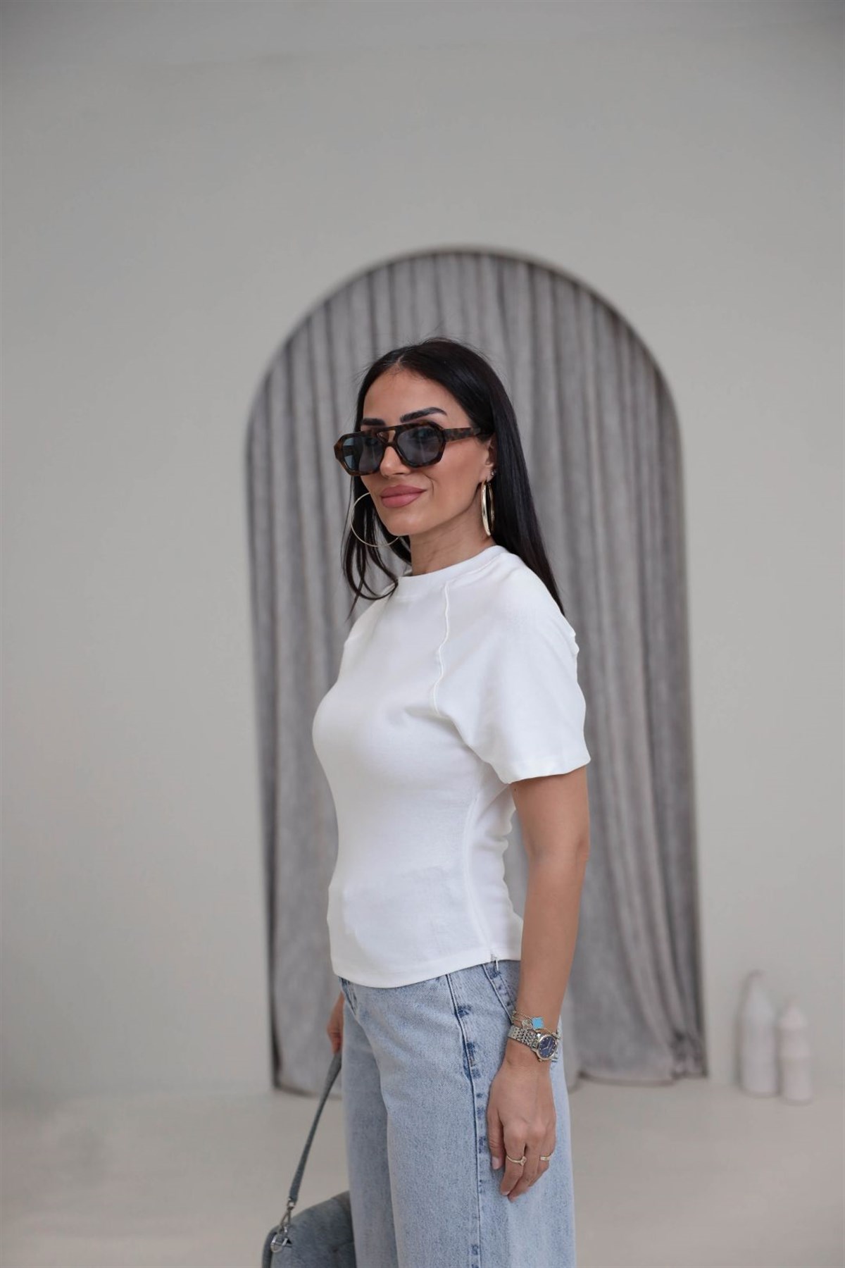 2322 Reglan Kol Yandan Fermuarlı Pamuklu Tshirt EKRU