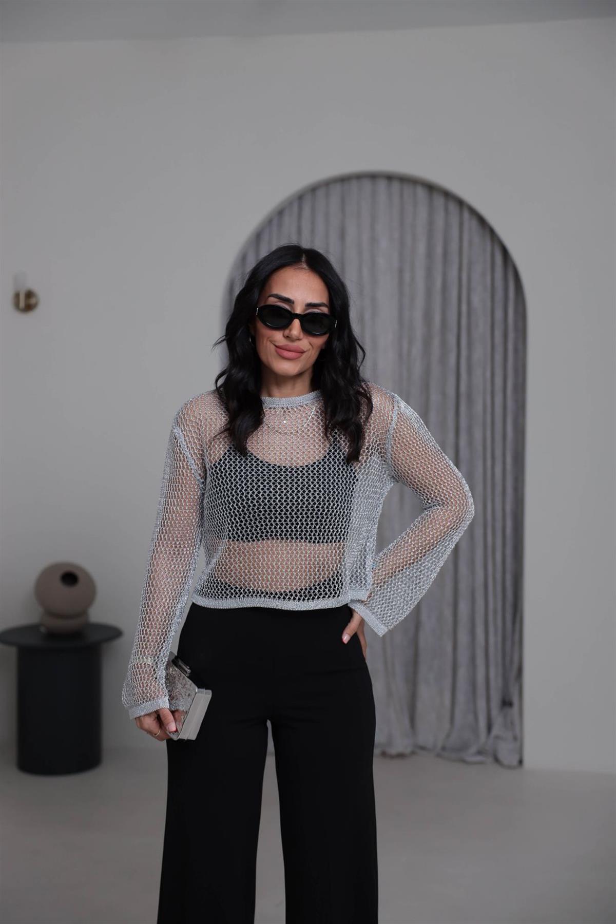 4404 Parlak Simli Ajurlu Kısa Triko GÜMÜŞ