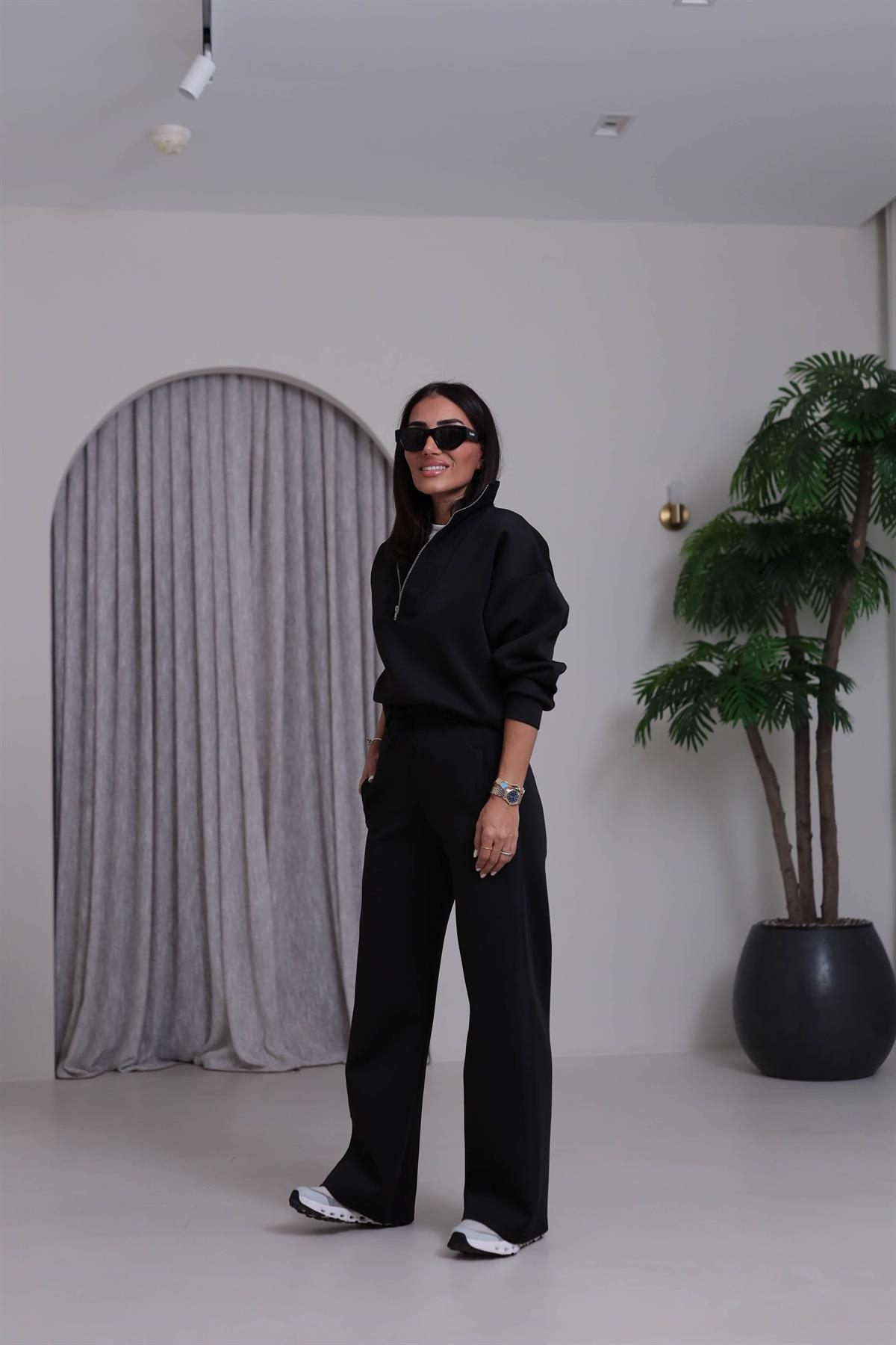 2624 Paraşüt Detaylı Yarım Fermuarlı Scuba Takım SİYAH