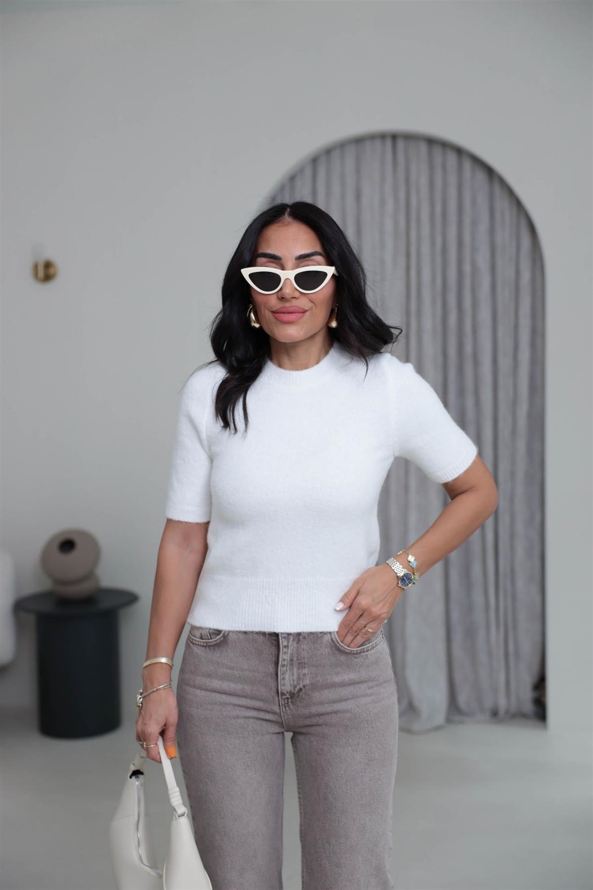 4767 Bisiklet Yaka Kısa Kol Triko Bluz EKRU