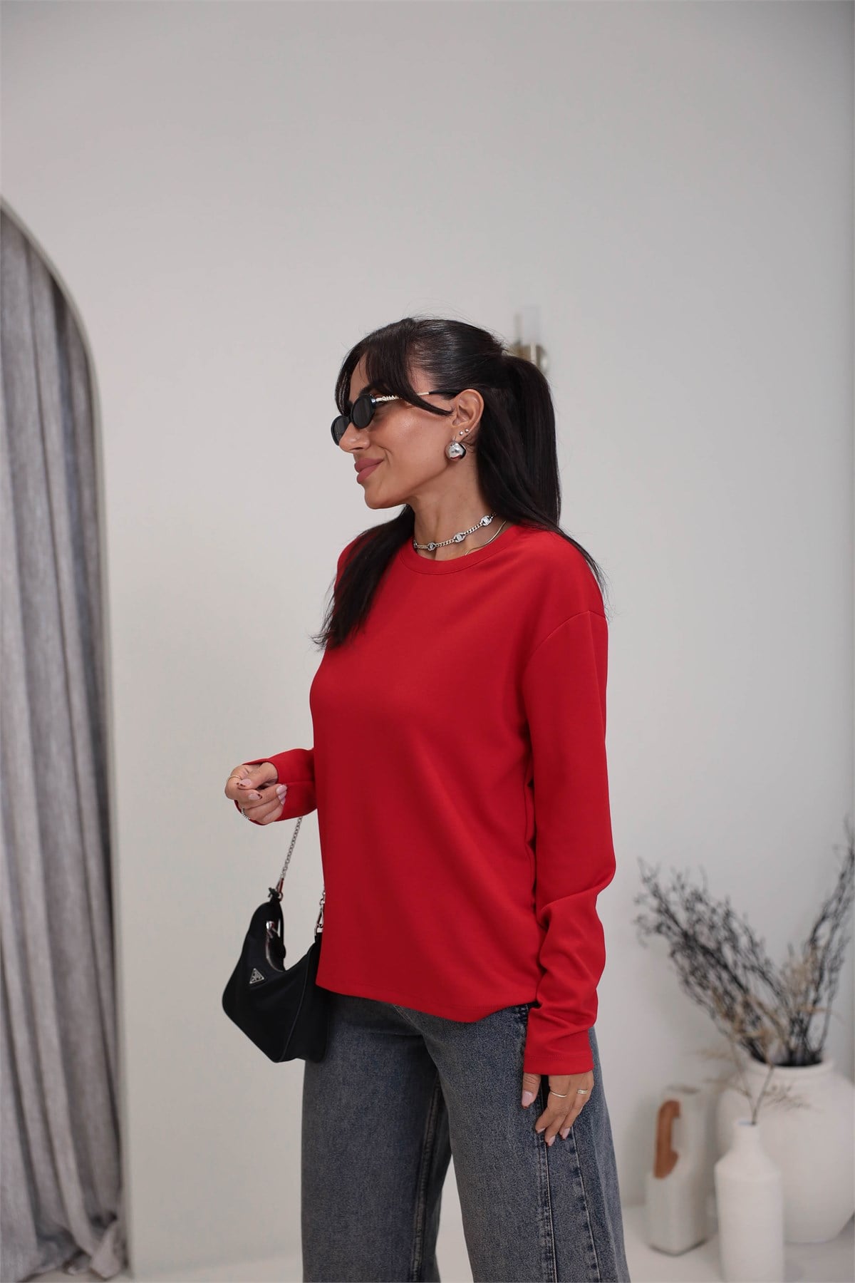 1448 Bisiklet Yaka uzun Kollu Oversize Tshirt KIRMIZI