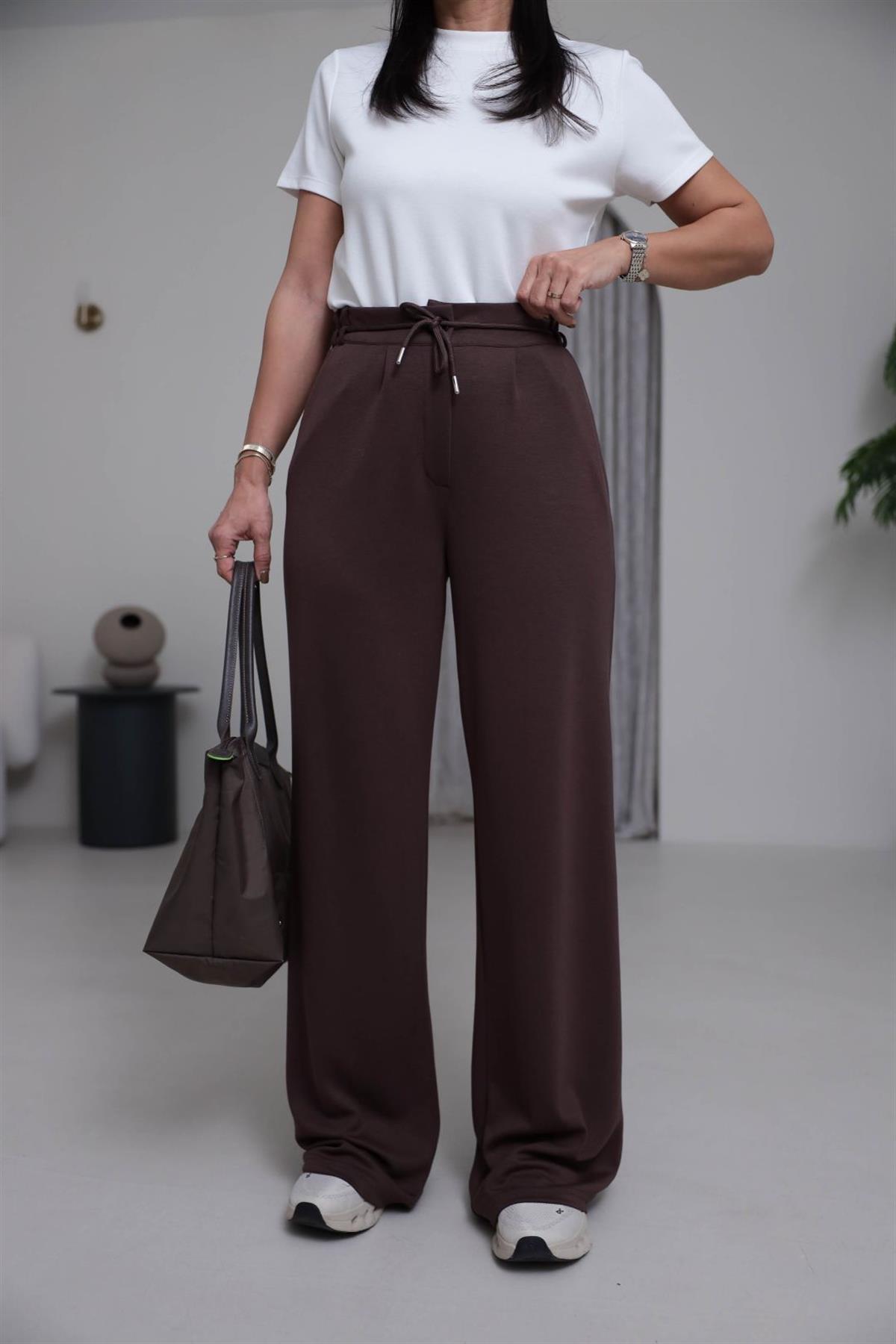 8009 Bel Lastikli İp Kemerli Oys Modal Pantolon KAHVE