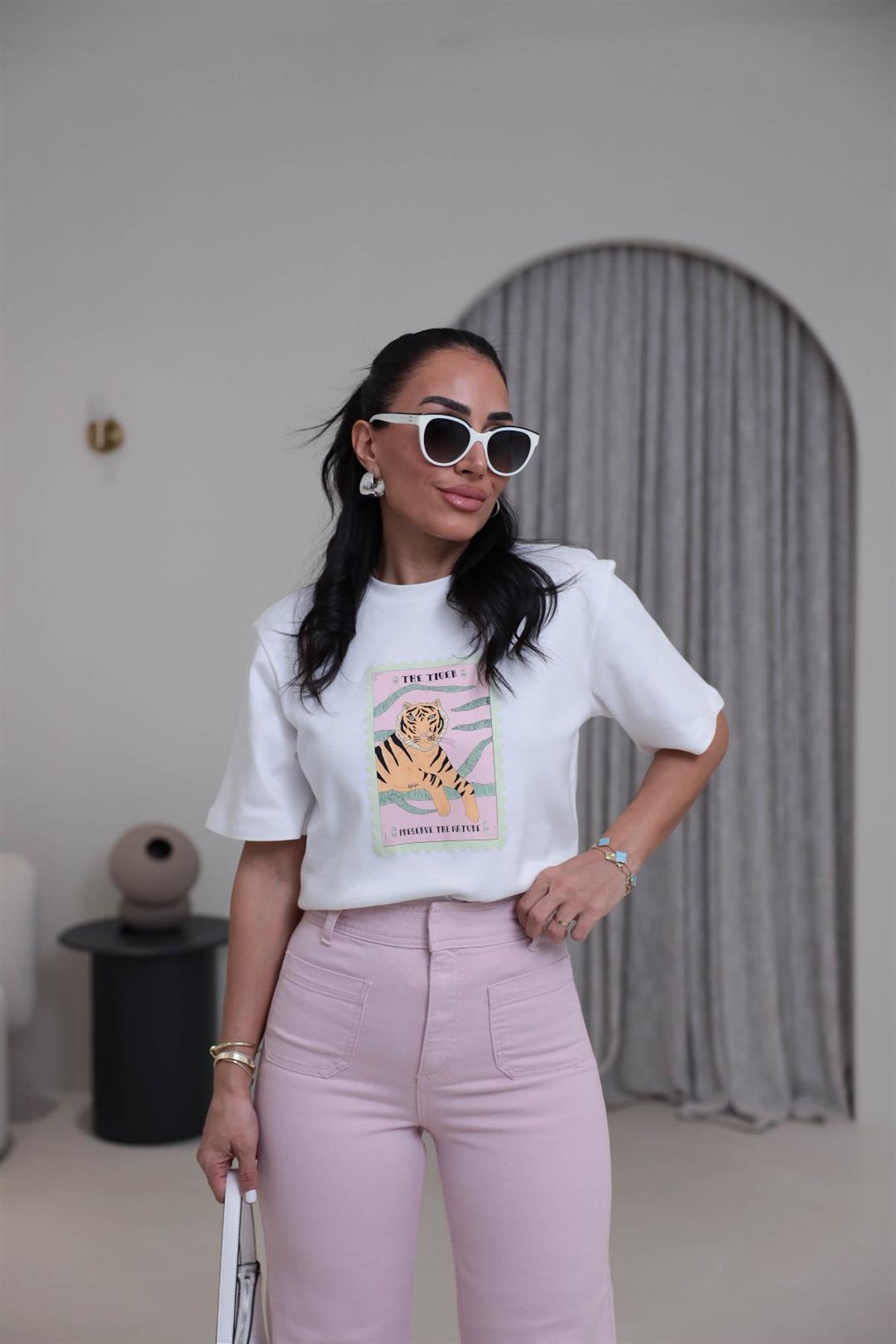 8174 Bisiklet Yaka Kaplan Baskılı Tshirt EKRU